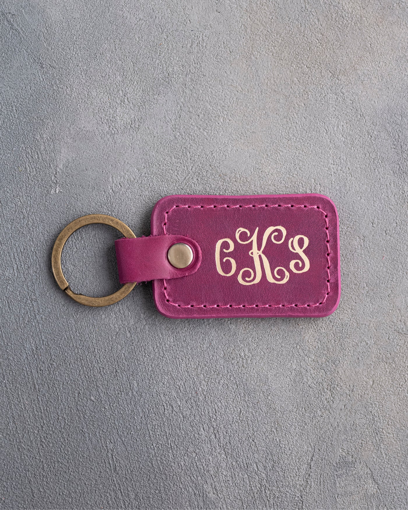 Vine Monogram Keychain in Fuchsia Leather