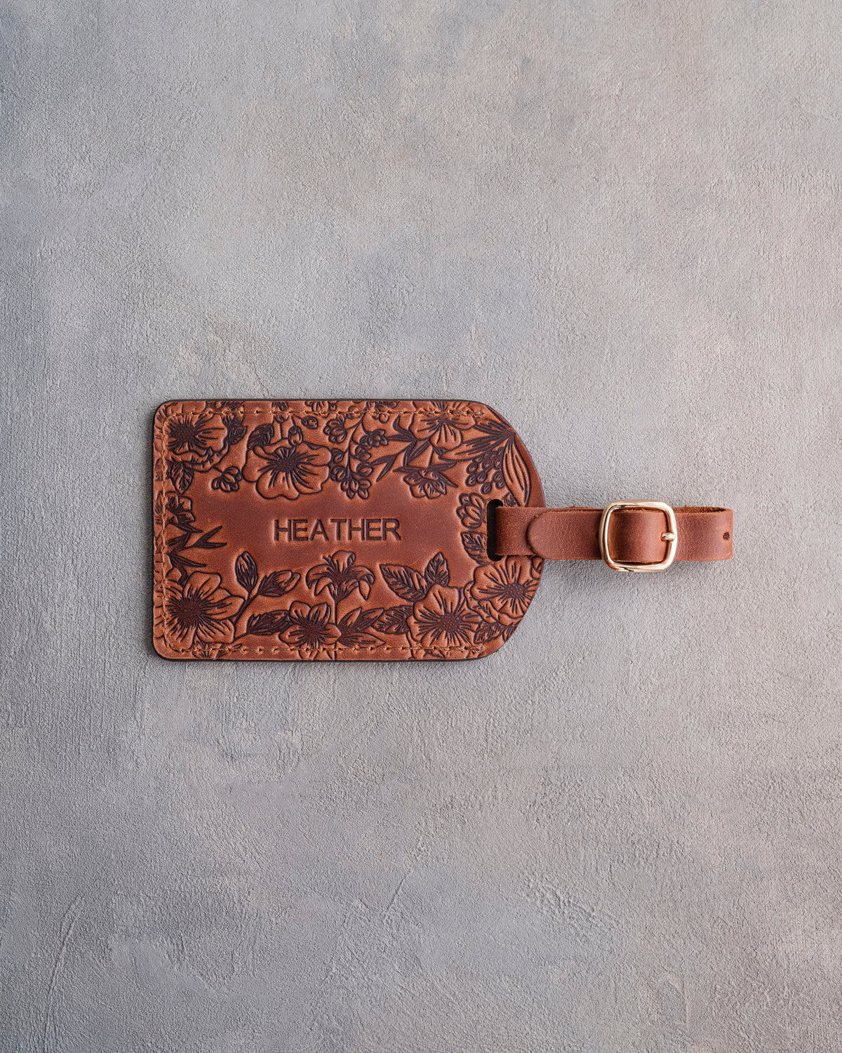 Floral Name Luggage Tag in Arizona Leather, handcrafted to order