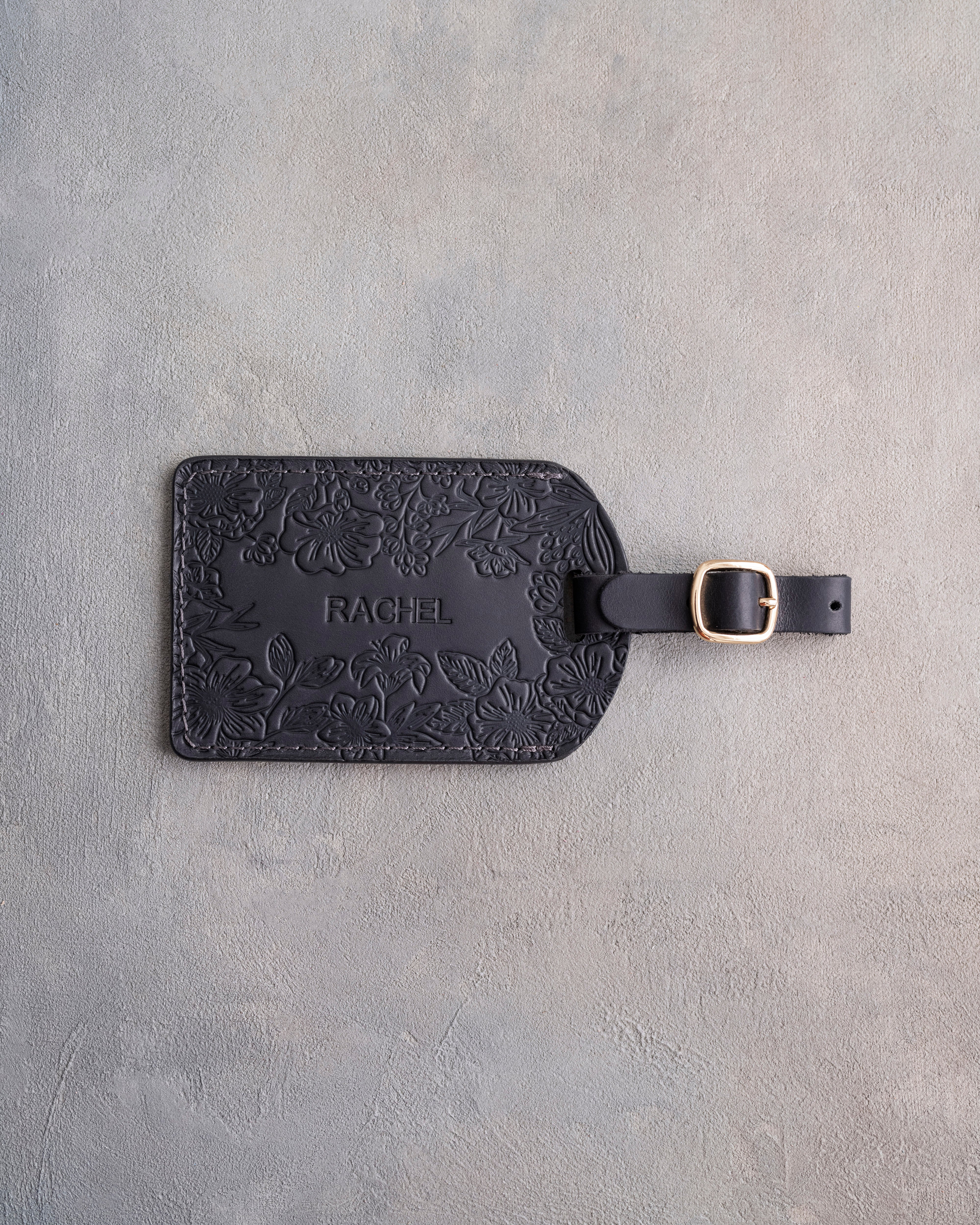 Floral Name Luggage Tag in Black Leather
