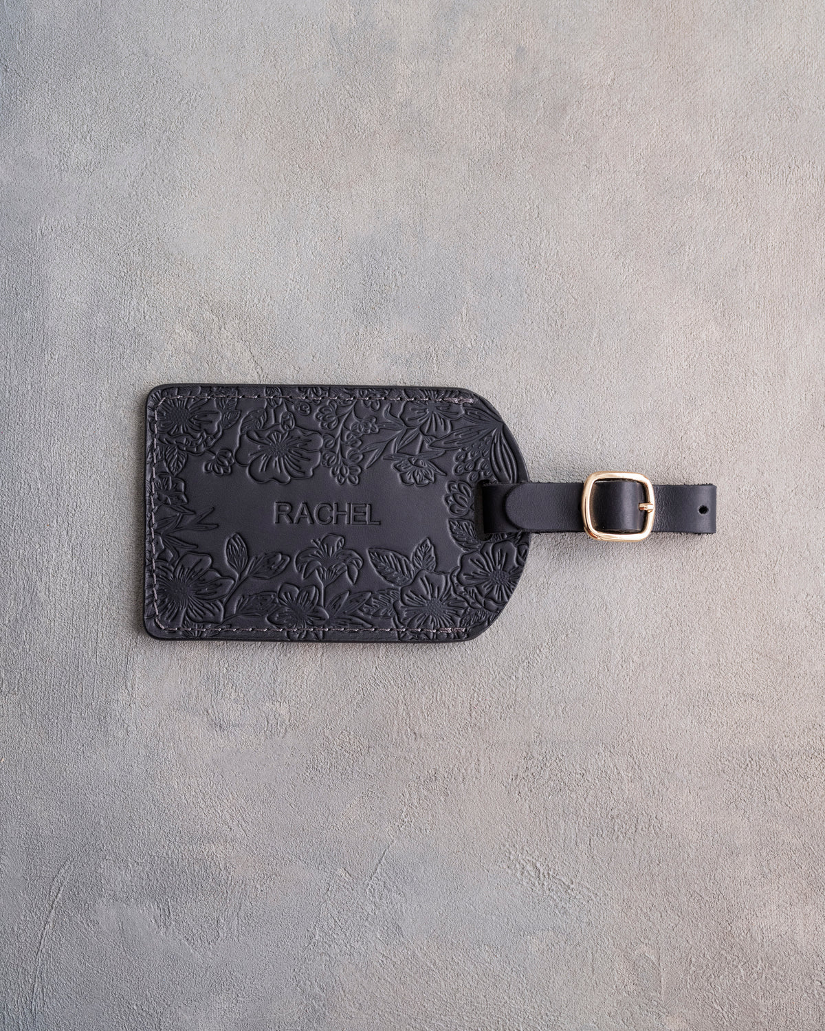 Floral Name Luggage Tag in Black Leather, handcrafted to order