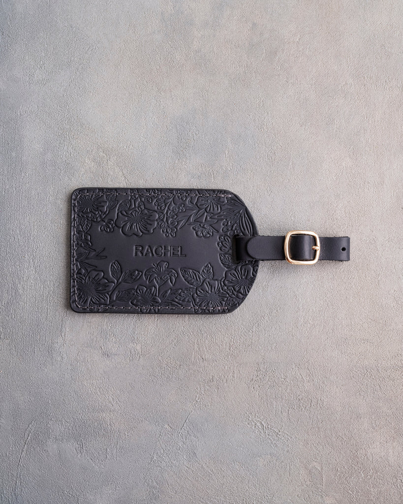 Floral Name Luggage Tag in Black Leather