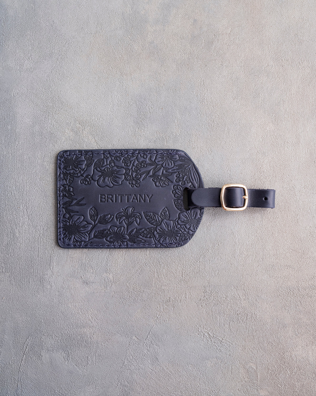 Floral Name Luggage Tag in Blueberry Leather, handcrafted to order