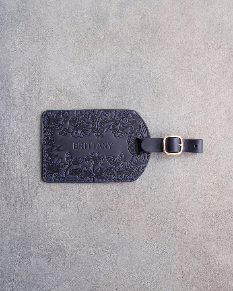 Floral Name Luggage Tag in Blueberry Leather