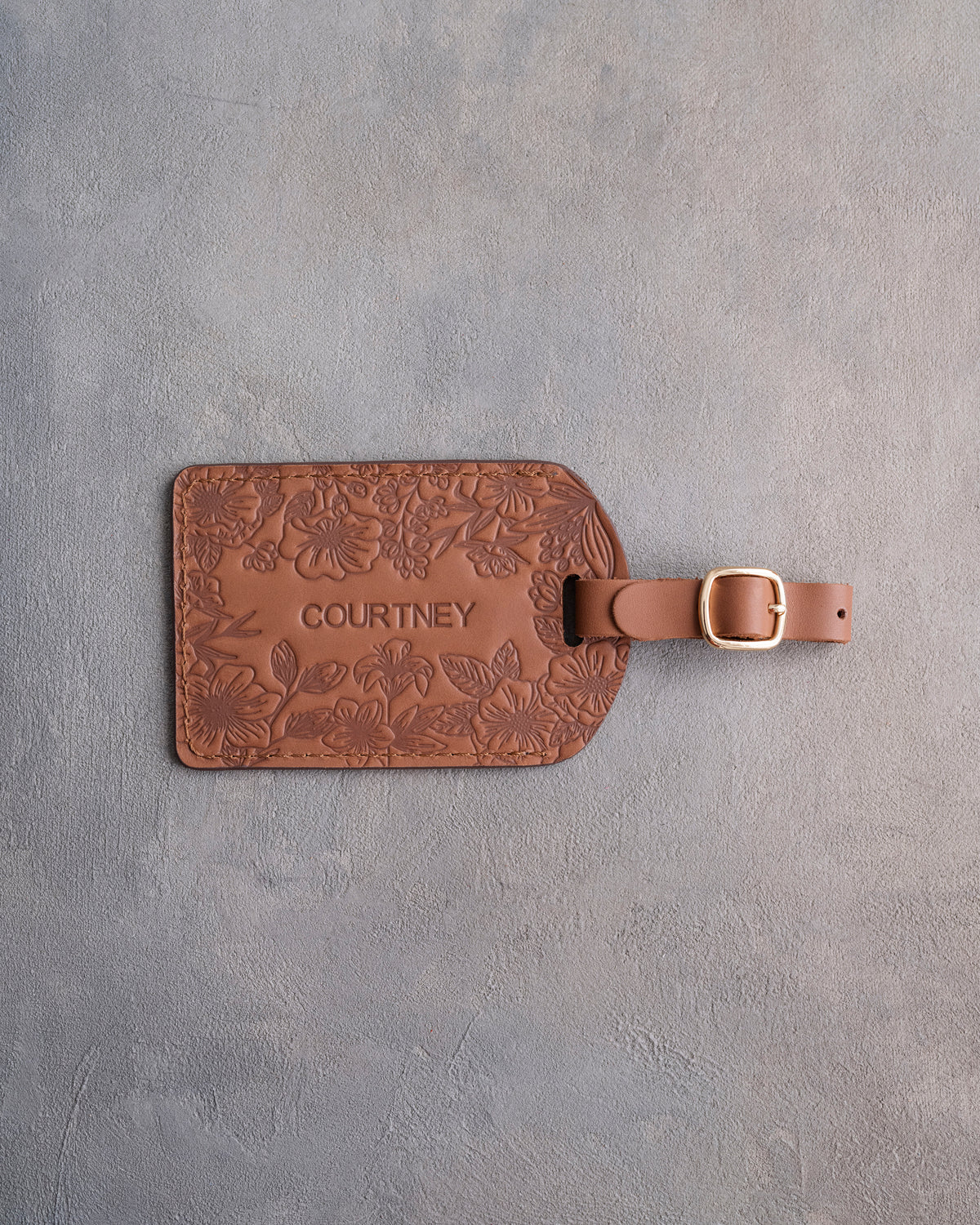 Floral Name Luggage Tag in Caramel Leather, handcrafted to order