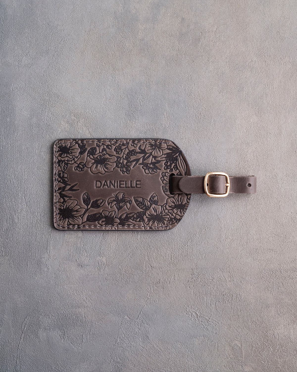 Floral Name Luggage Tag in Country Gray Leather, handcrafted to order