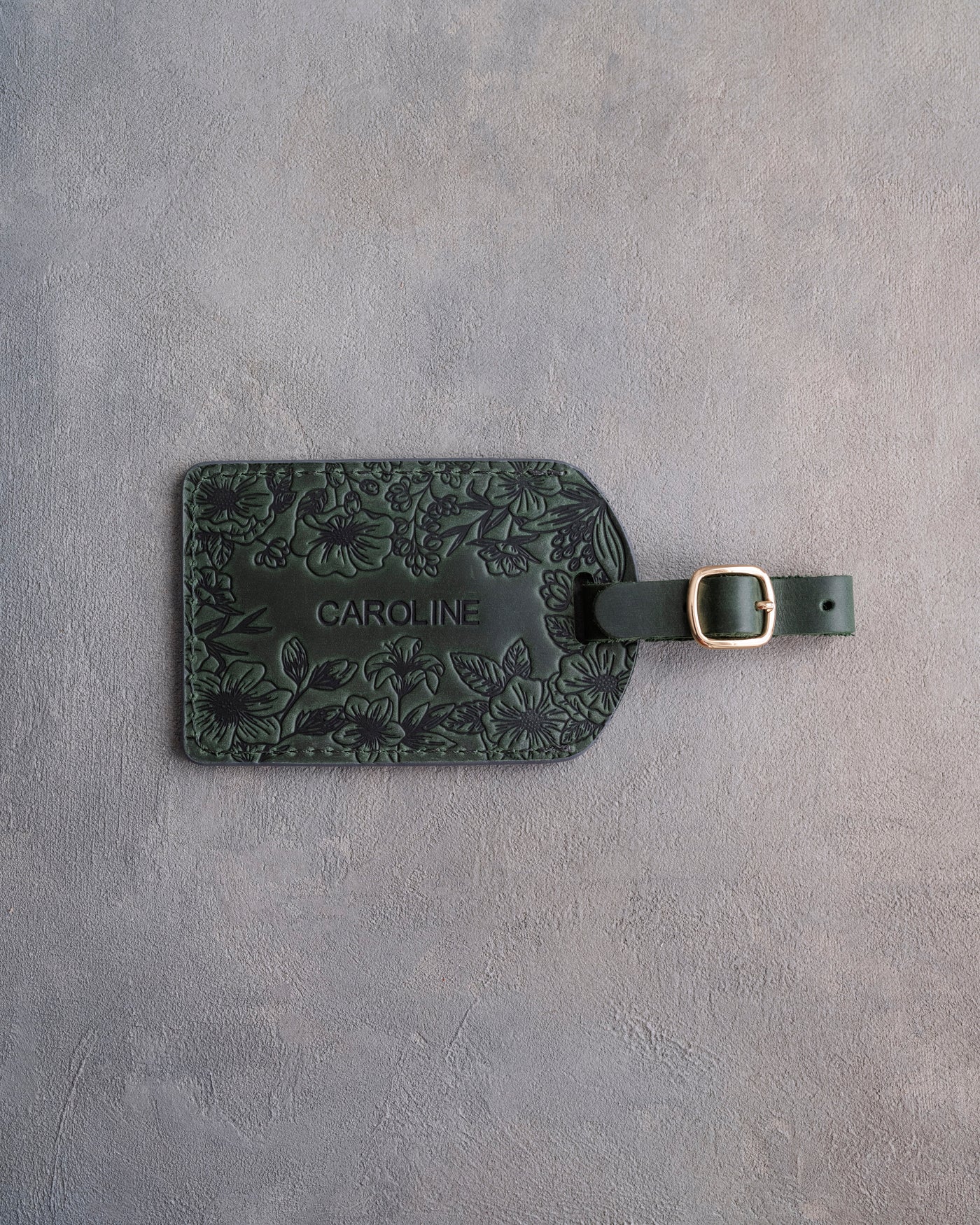 Floral Name Luggage Tag in Forest Green Leather, handcrafted to order