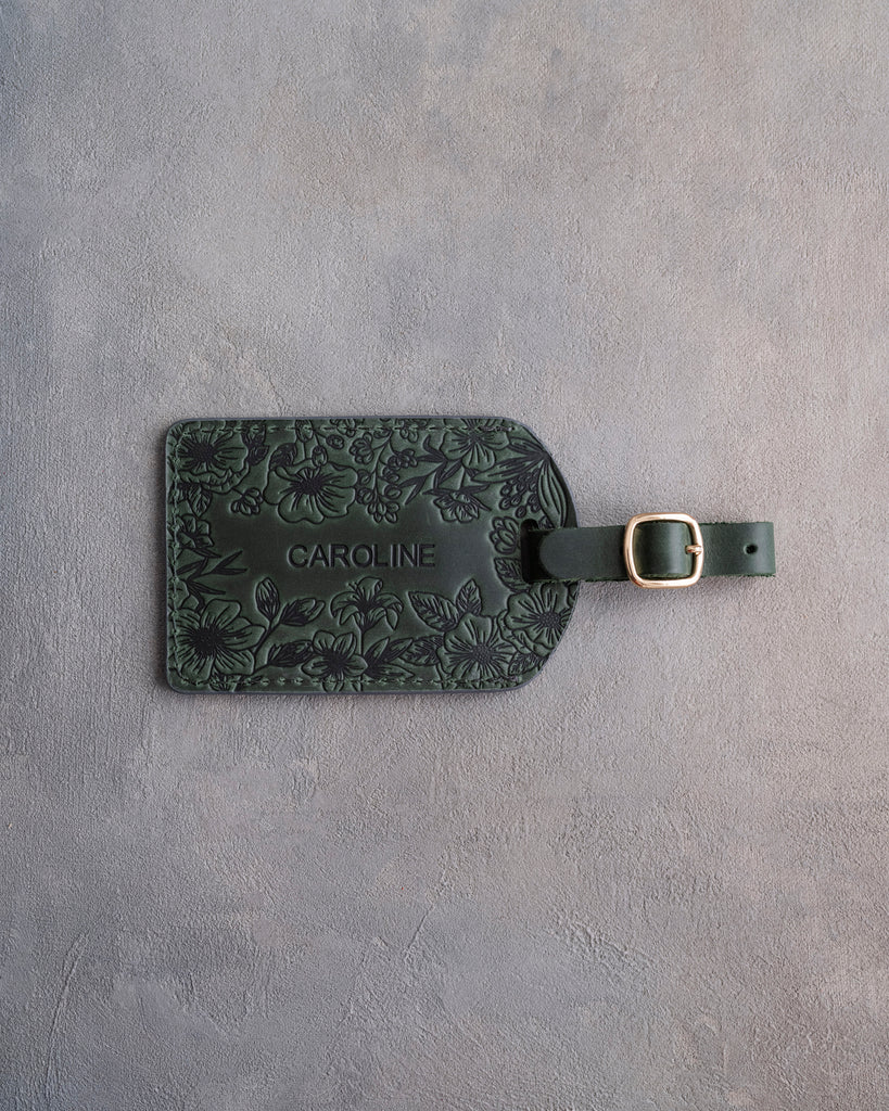 Floral Name Luggage Tag in Forest Green Leather