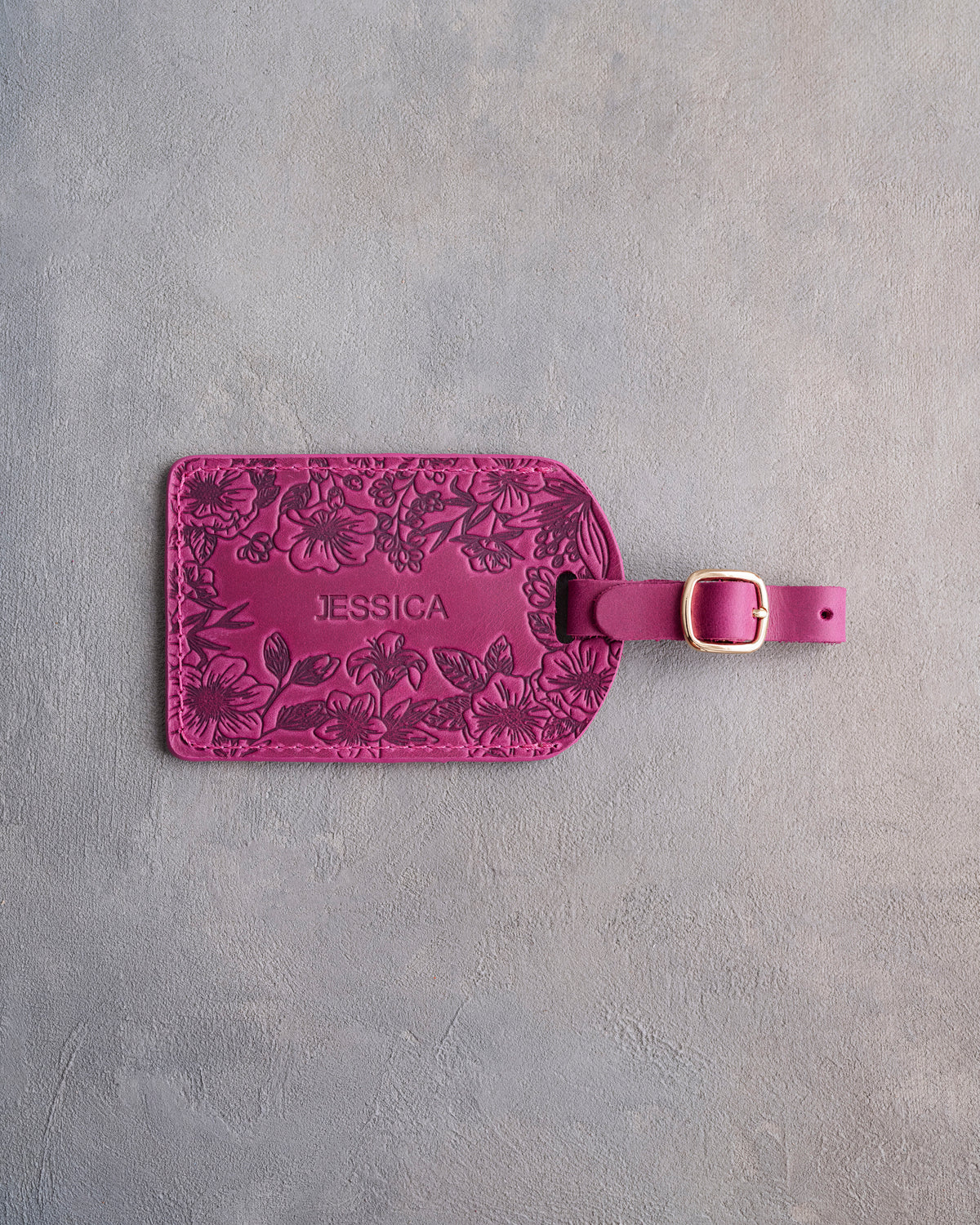 Floral Name Luggage Tag in Fuchsia Leather, handcrafted to order