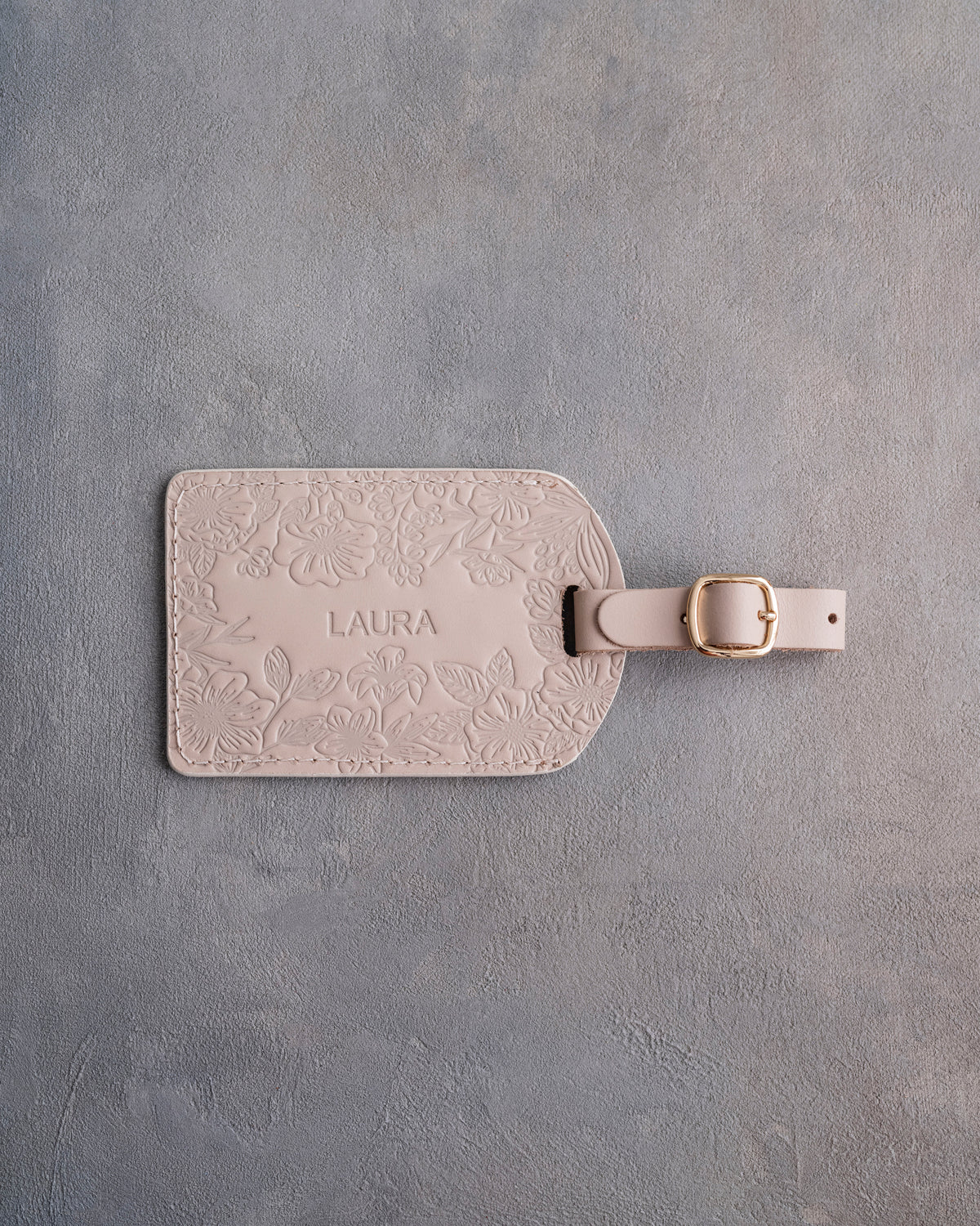 Floral Name Luggage Tag in Gray Sand Leather, handcrafted to order