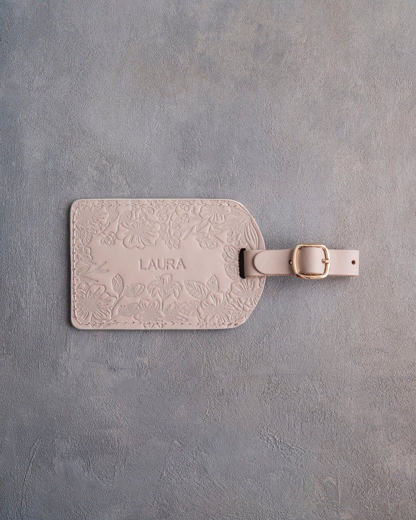Floral Name Luggage Tag in Gray Sand Leather
