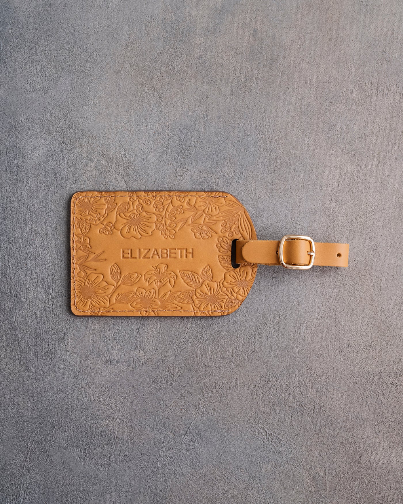 Floral Name Luggage Tag in Indian Summer Leather, handcrafted to order