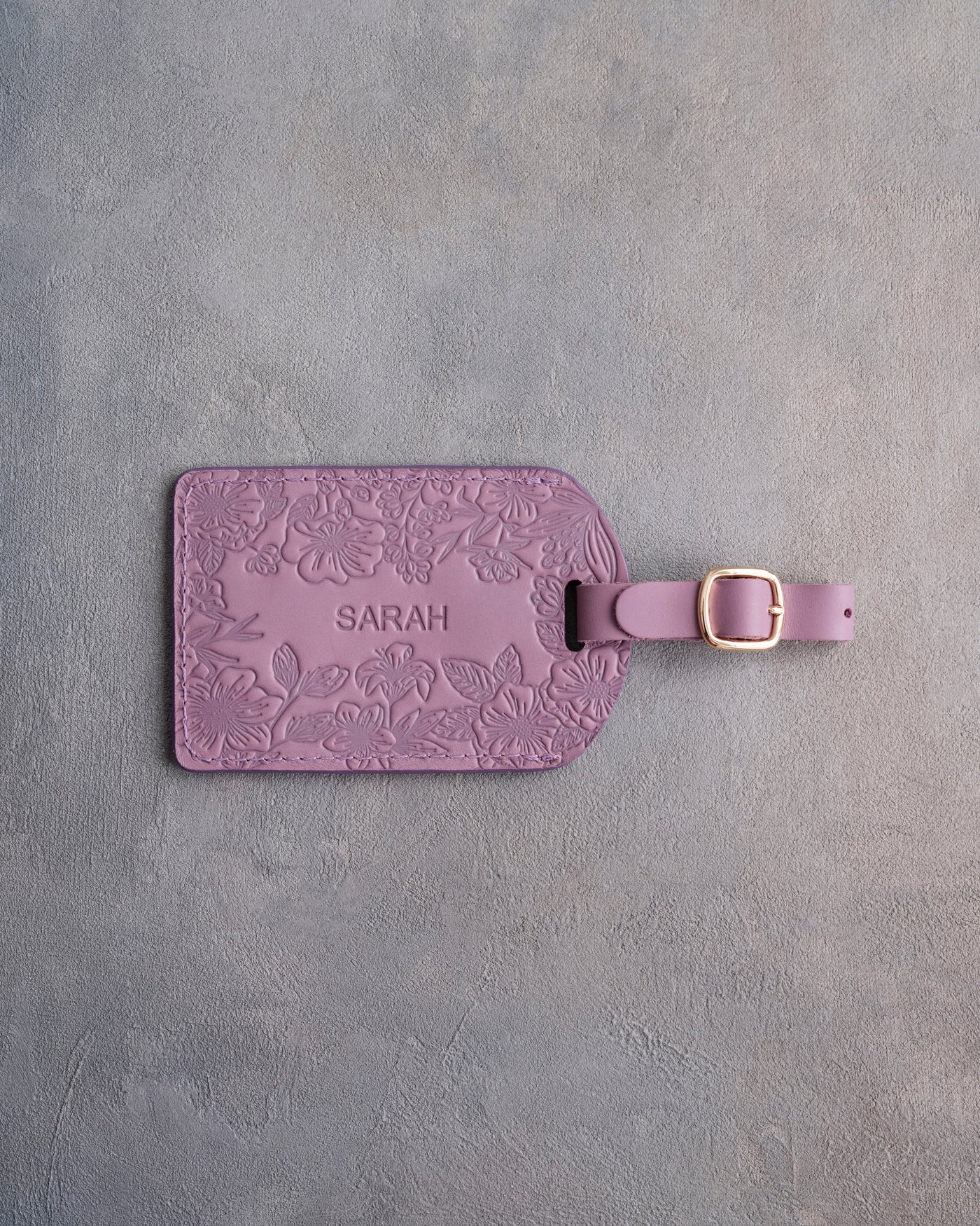 Floral Name Luggage Tag in Lilac Leather, handcrafted to order