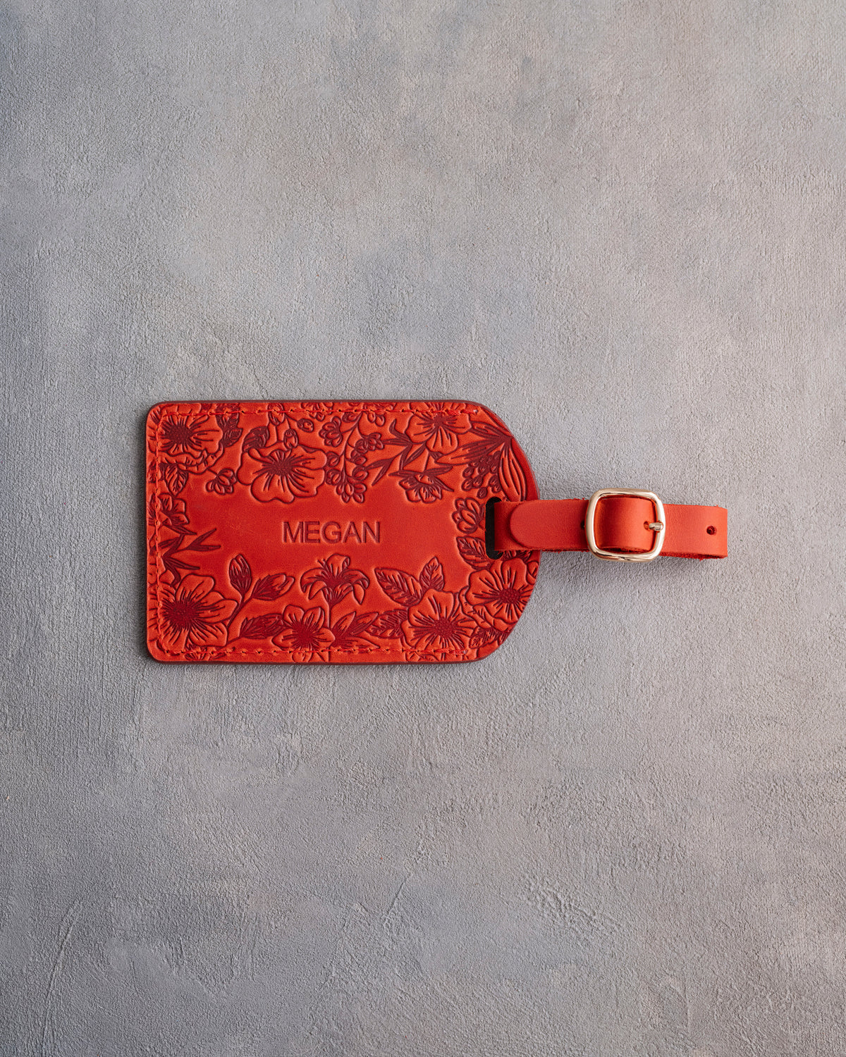 Floral Name Luggage Tag in Poppy Red Leather, handcrafted to order