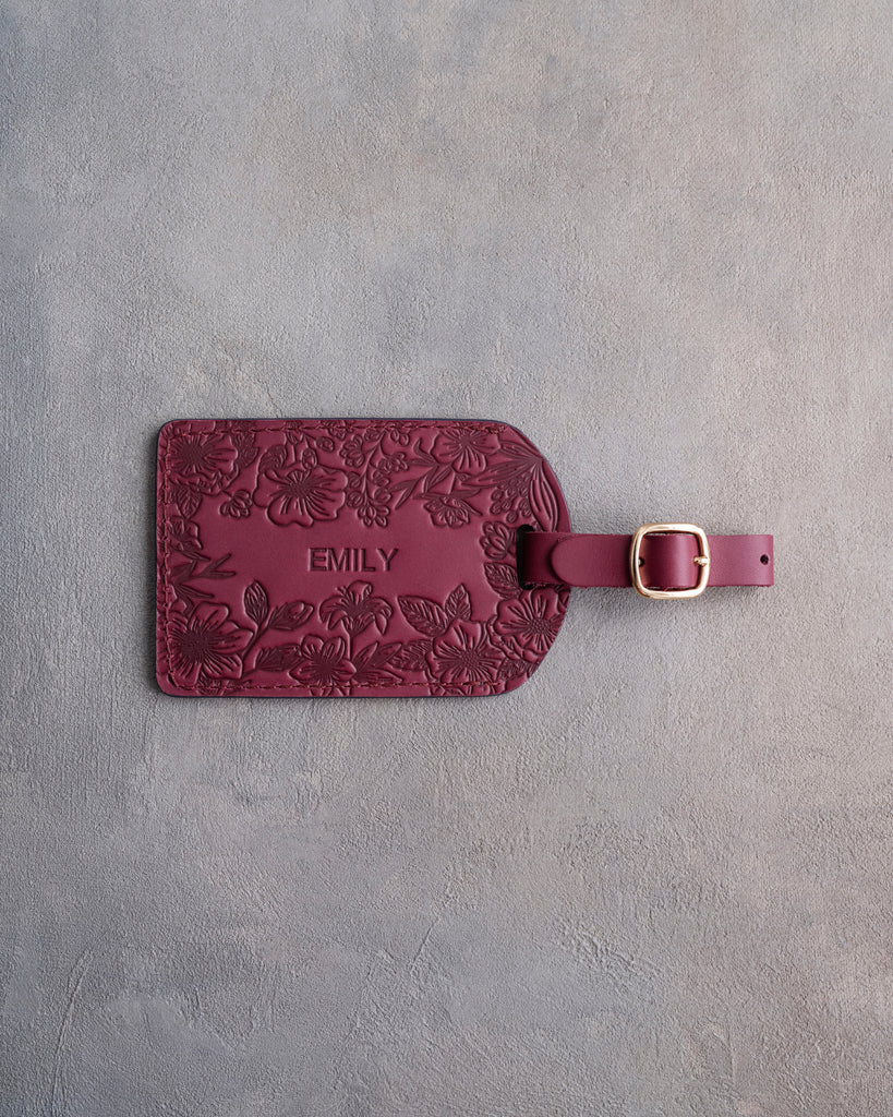 Floral Name Luggage Tag in Sangria Leather