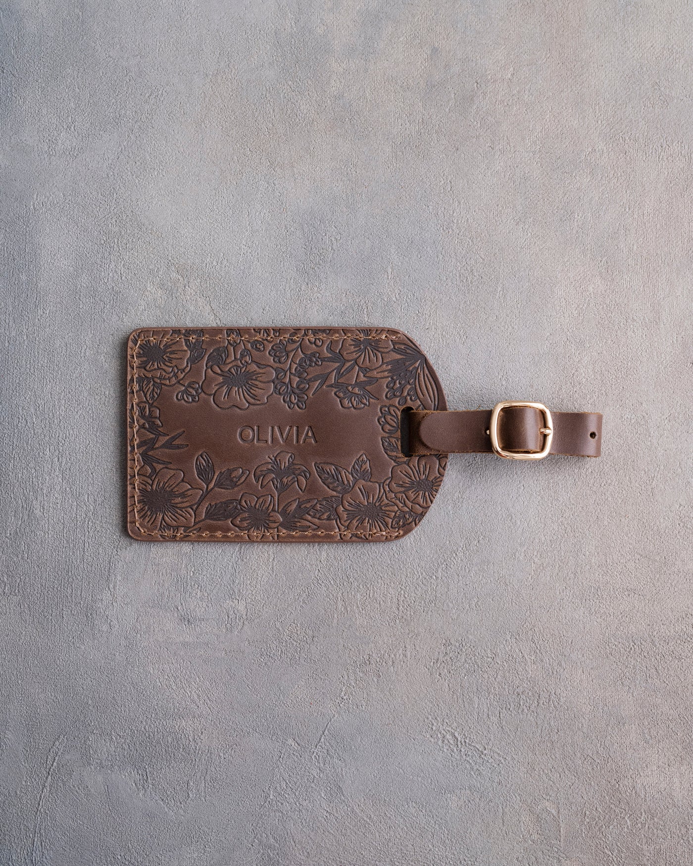 Floral Name Luggage Tag in Sicilian Brown Leather