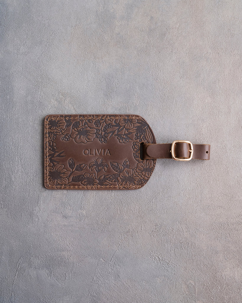 Floral Name Luggage Tag in Sicilian Brown Leather