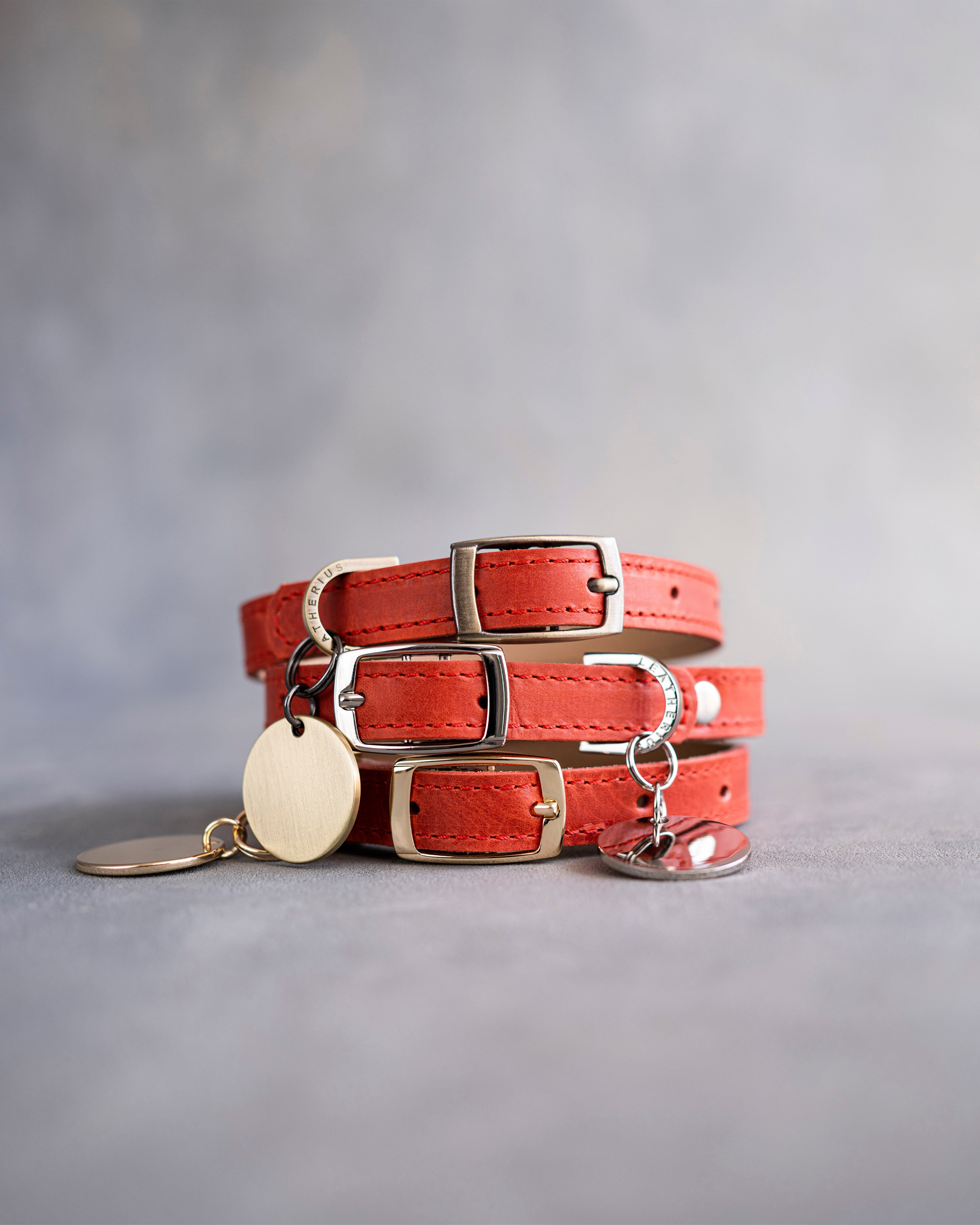 Dog Collar in Poppy Red leather with classy pin buckle