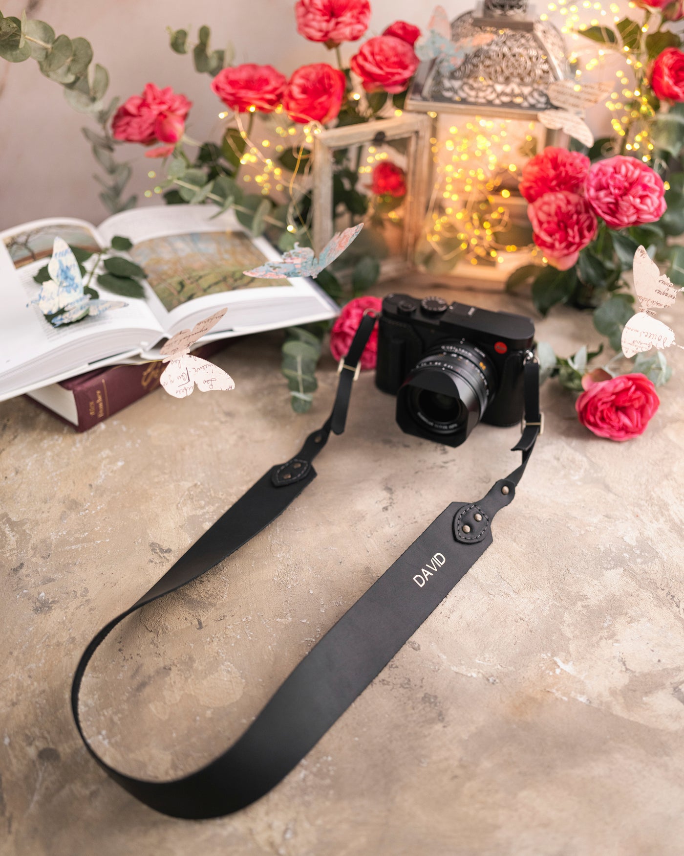 Black leather camera strap