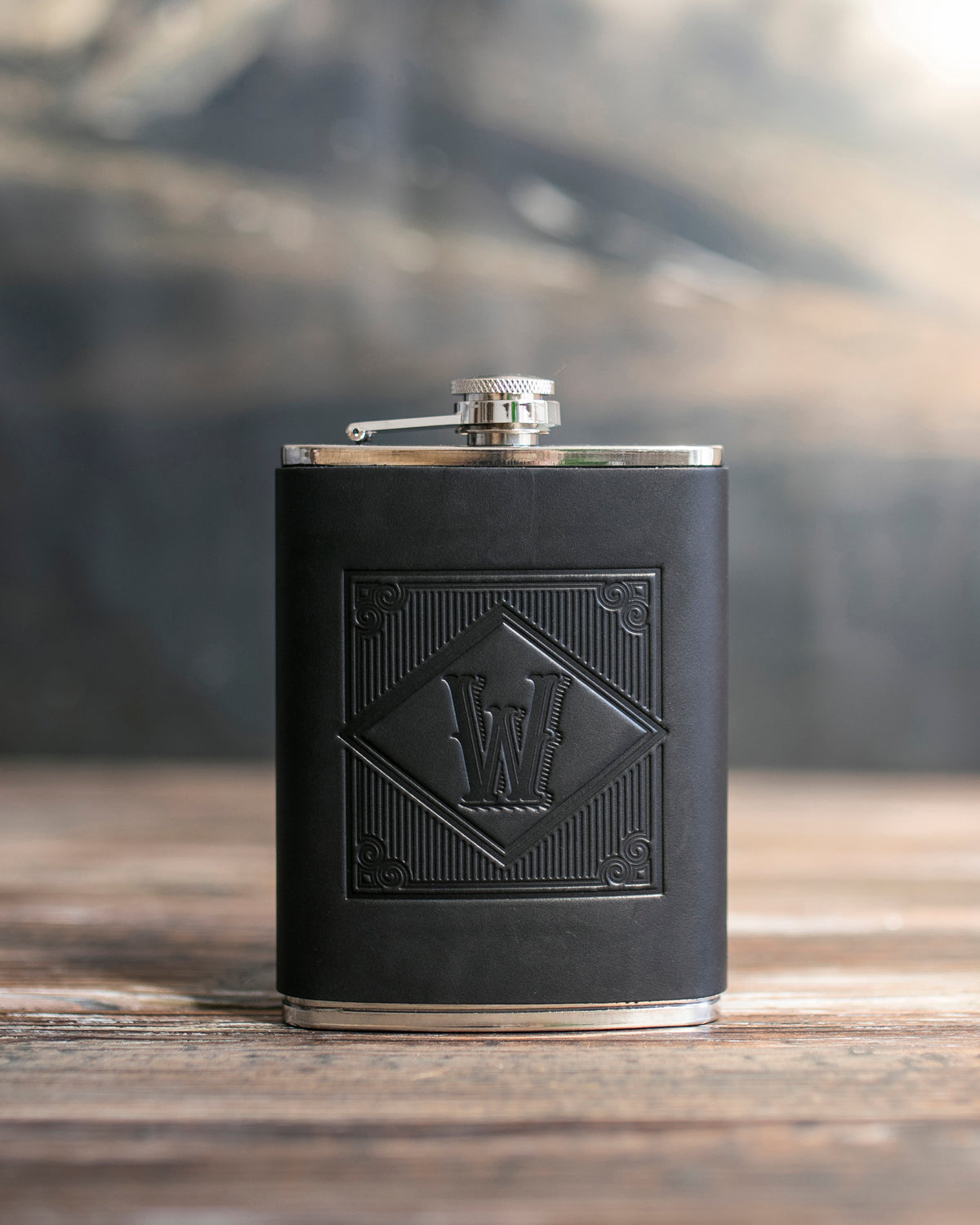 Initial Flask in Black Leather, handcrafted to order