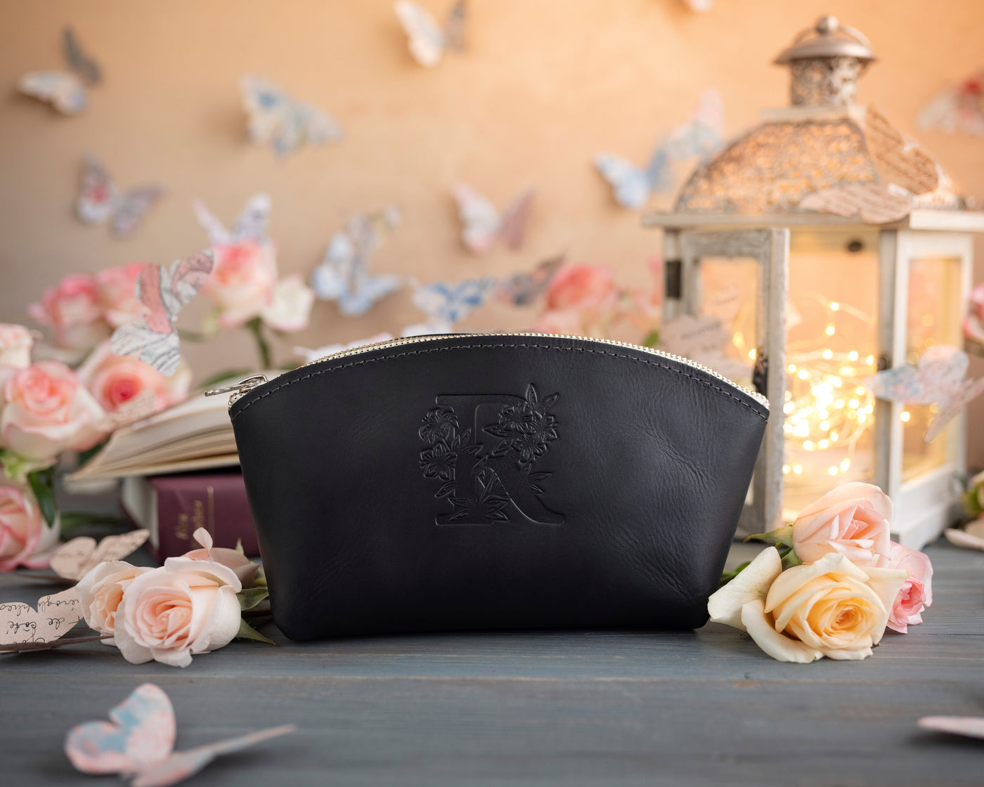 Black Initial Makeup Bag