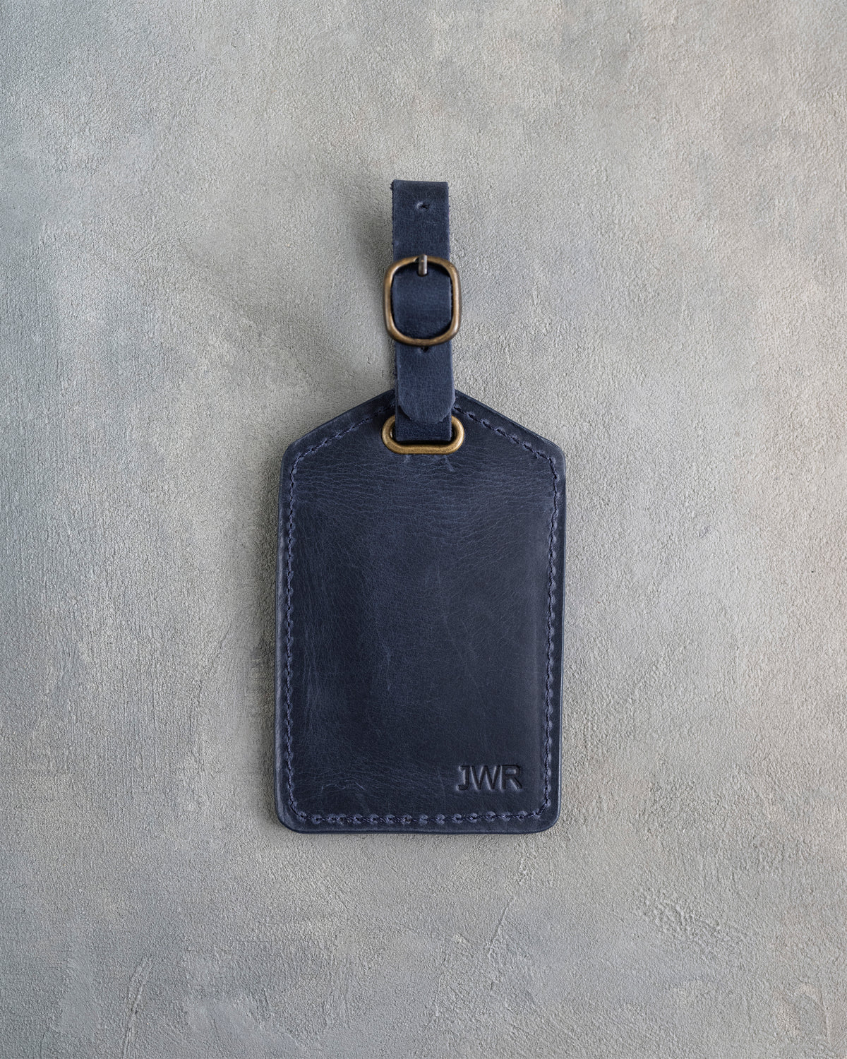 Minimalist Font Luggage Tag in Blueberry Leather with hand-finished detailing