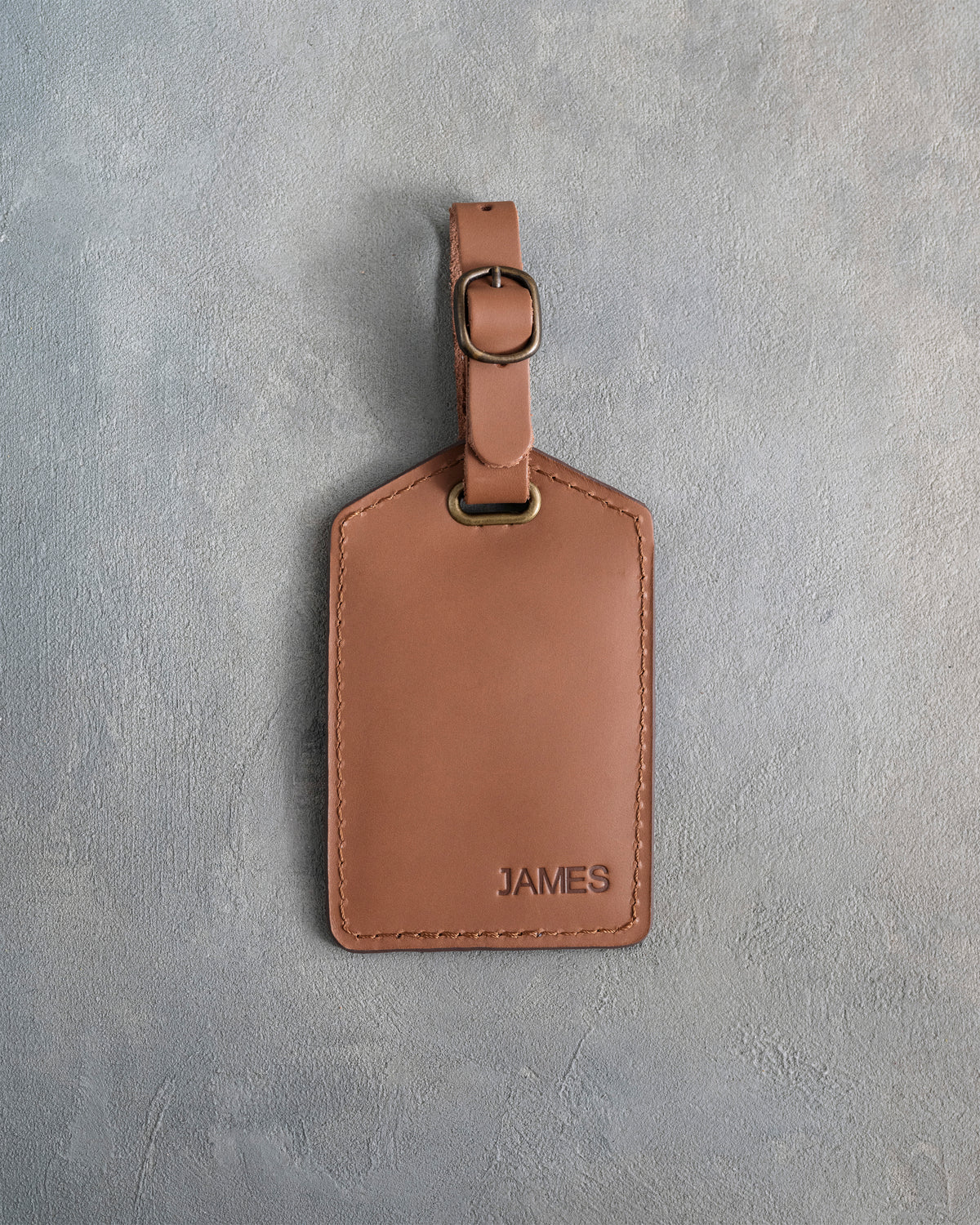 Minimalist Font Luggage Tag in Caramel Leather with hand-finished detailing