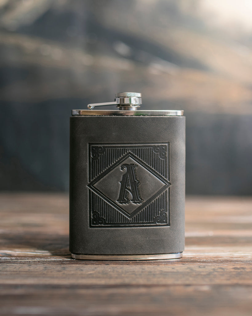 Country Flask Initial Flask in Country Gray Leather | Leatherius Woodman