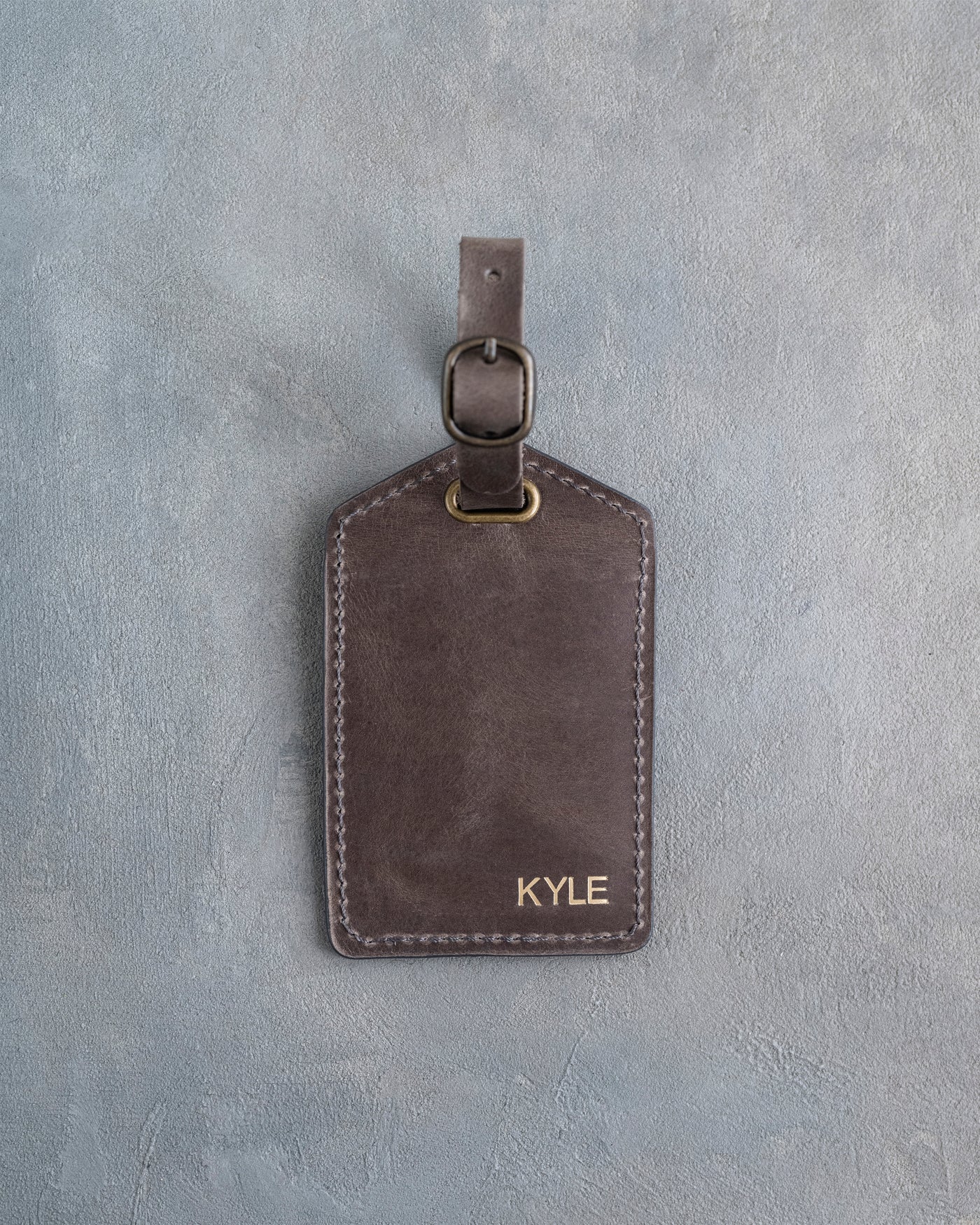 Minimalist Font Luggage Tag in Country Gray Leather with hand-finished detailing
