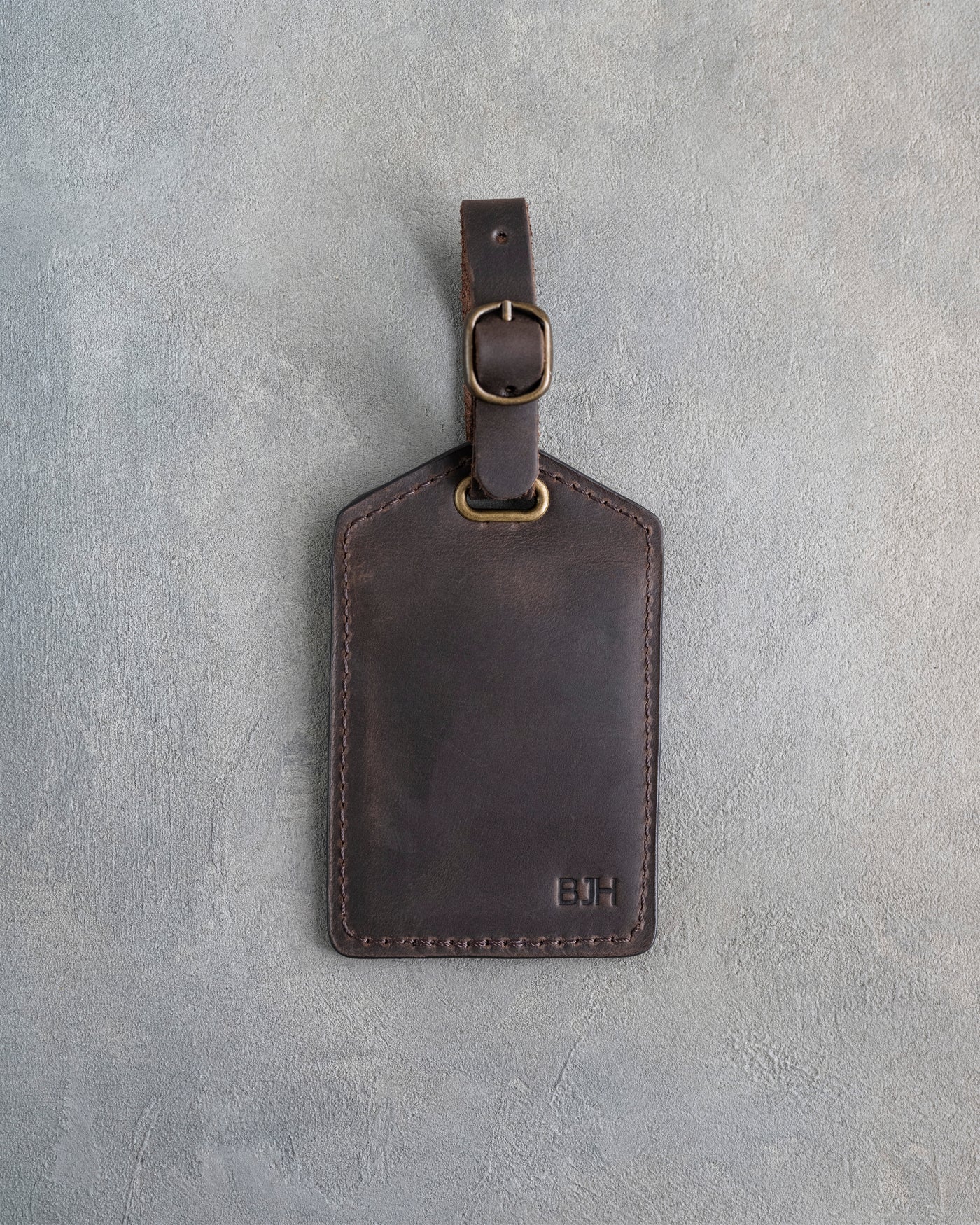 Minimalist Font Luggage Tag in Dark Espresso Leather with hand-finished detailing