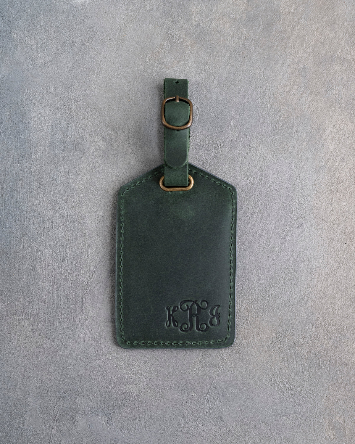 Vine Monogram Luggage Tag in Forest Green Leather, handcrafted to order