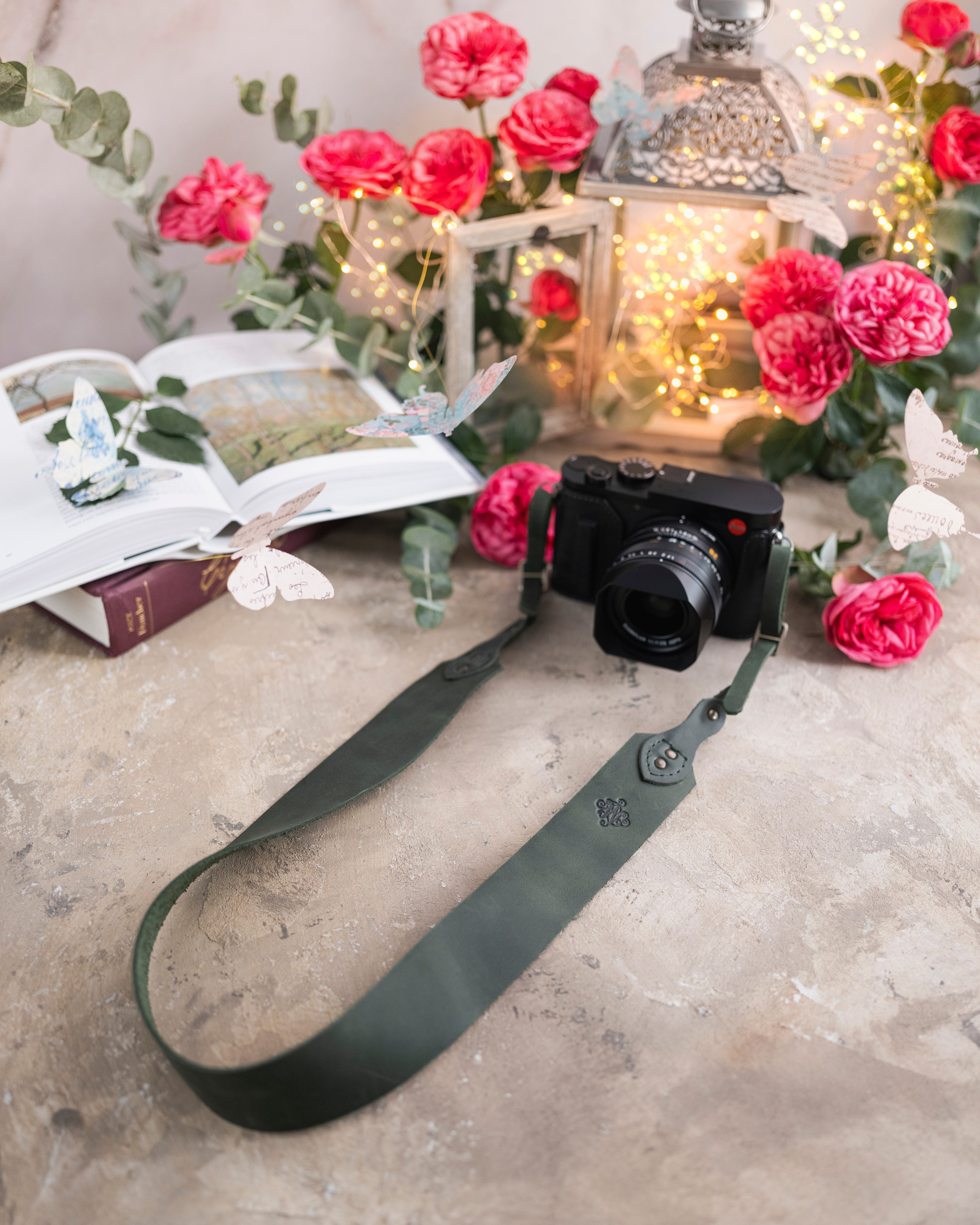 Forest green leather camera strap