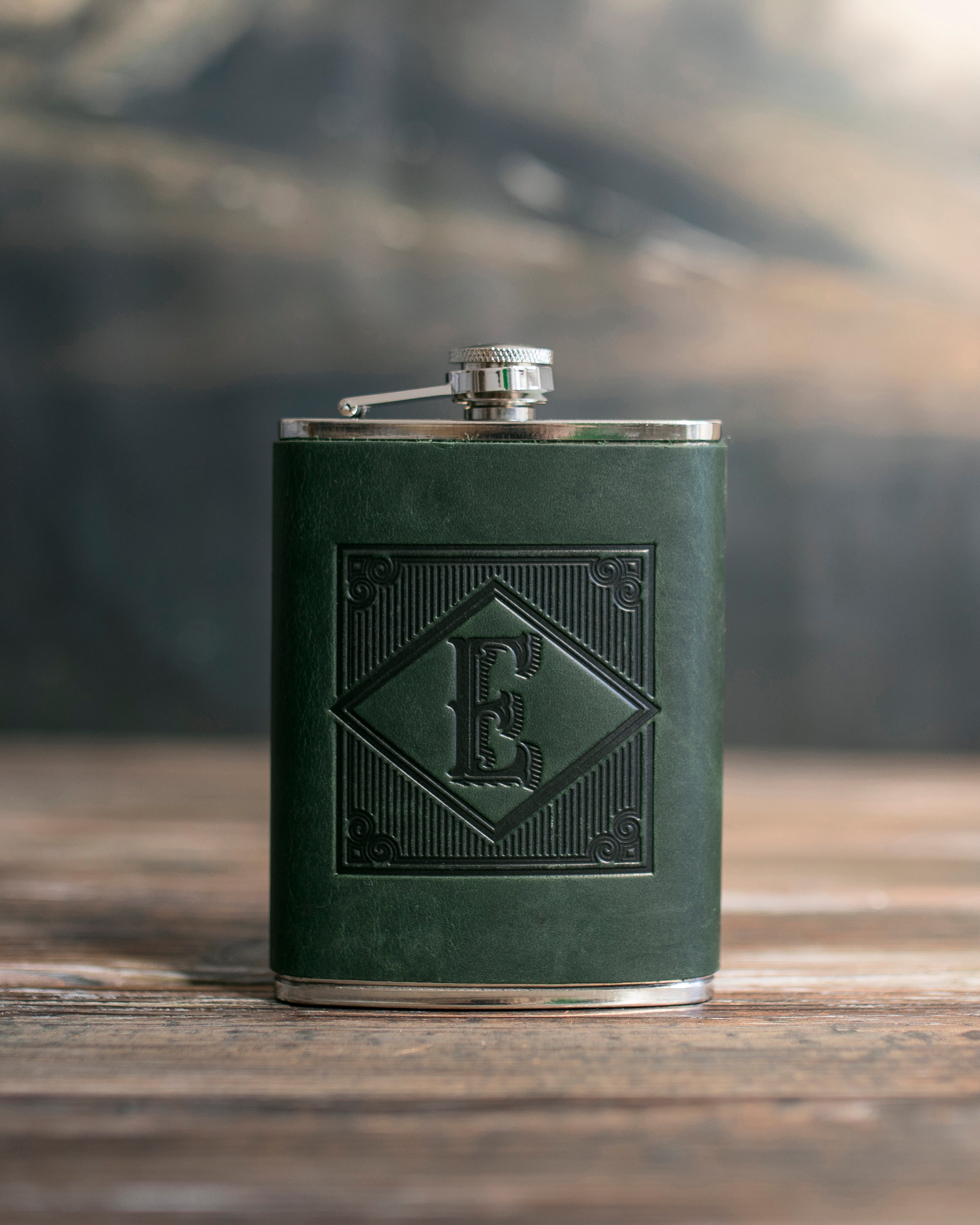 Initial Flask in Forest Green Leather