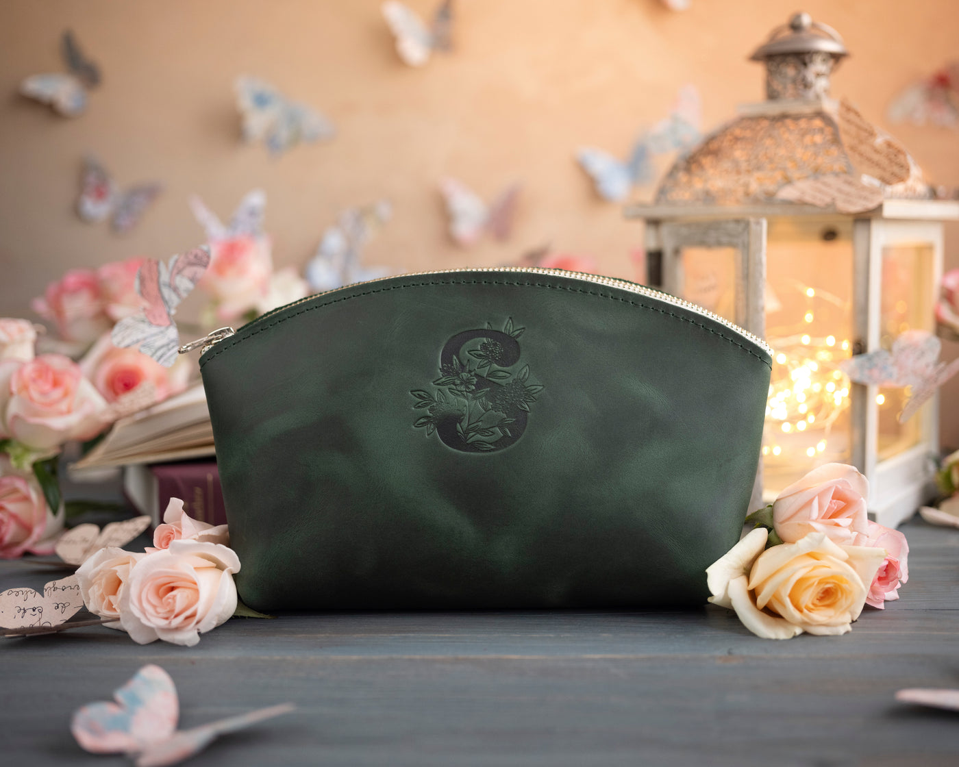 Forest Green Initial Makeup Bag