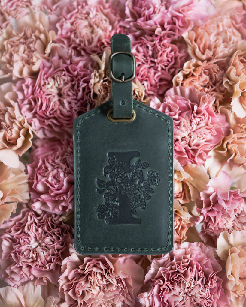 Forest Green Floral Initial Luggage Tag