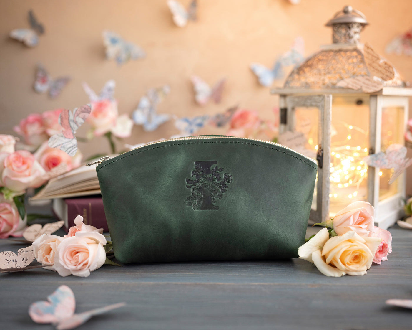 Forest Green Initial Makeup Bag