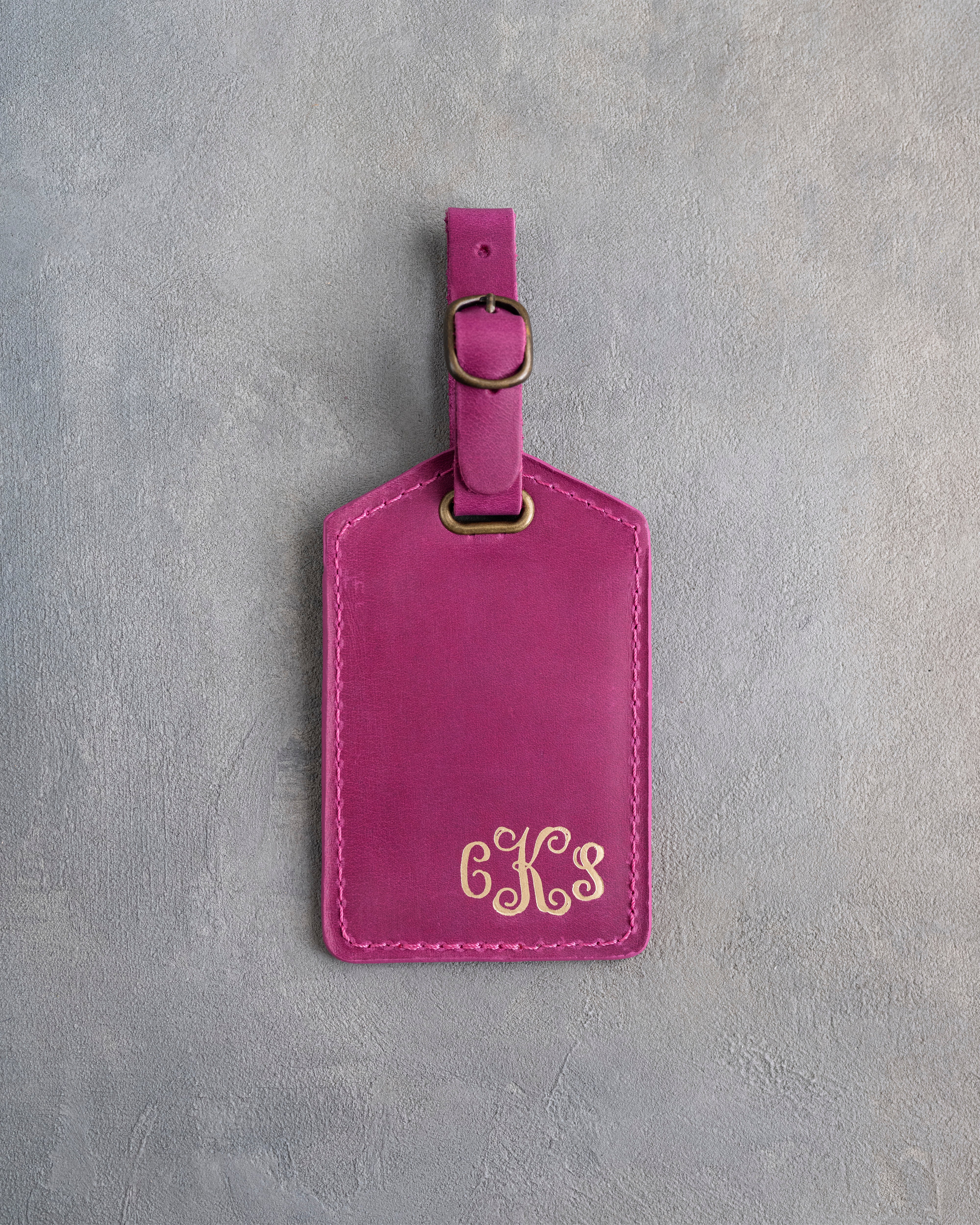 Vine Monogram Luggage Tag in Fuchsia Leather
