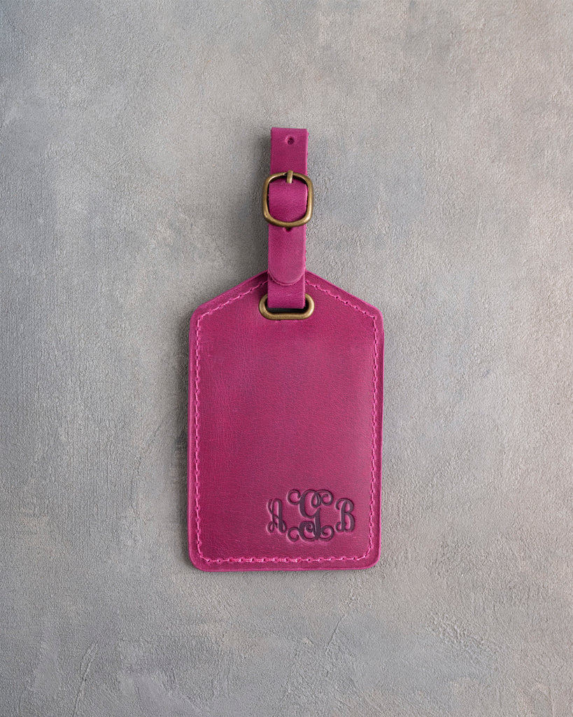 Vine Monogram Luggage Tag in Fuchsia Leather