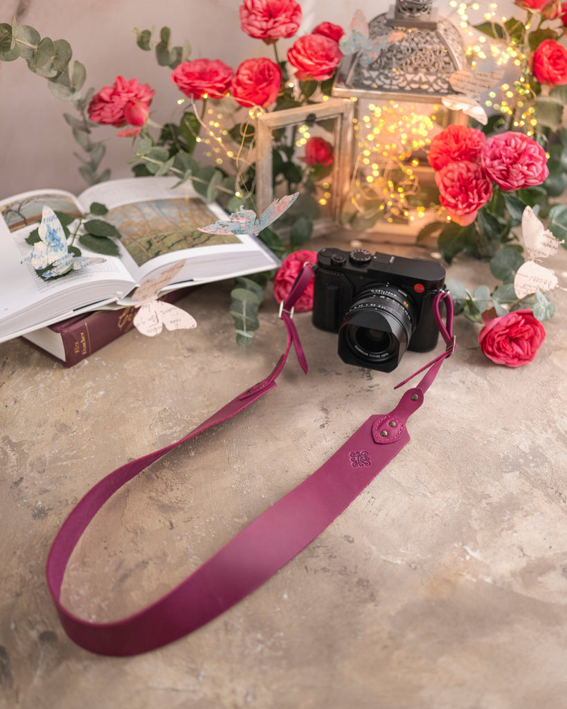Fuchsia leather camera strap