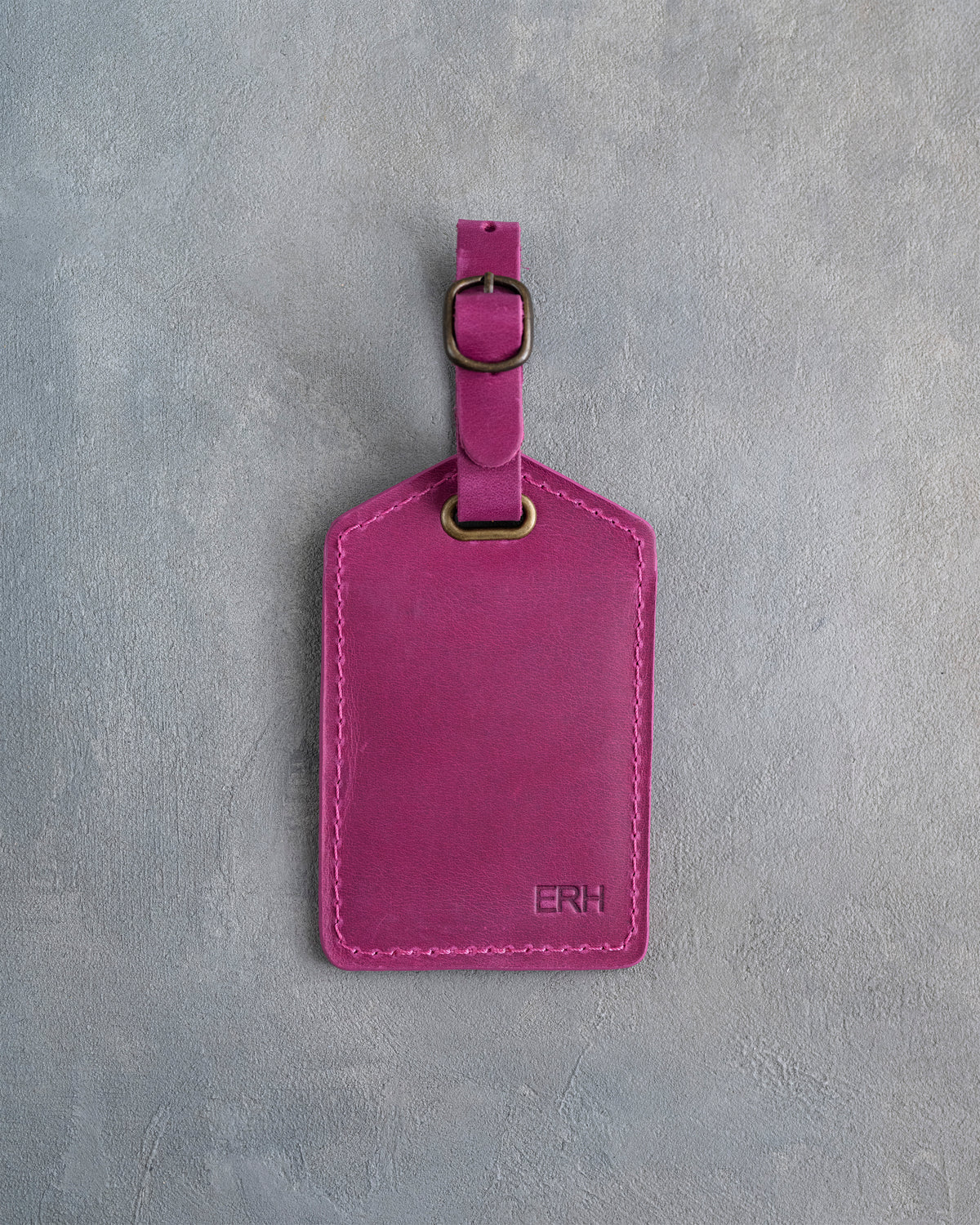 Minimalist Font Luggage Tag in Fuchsia Leather with hand-finished detailing
