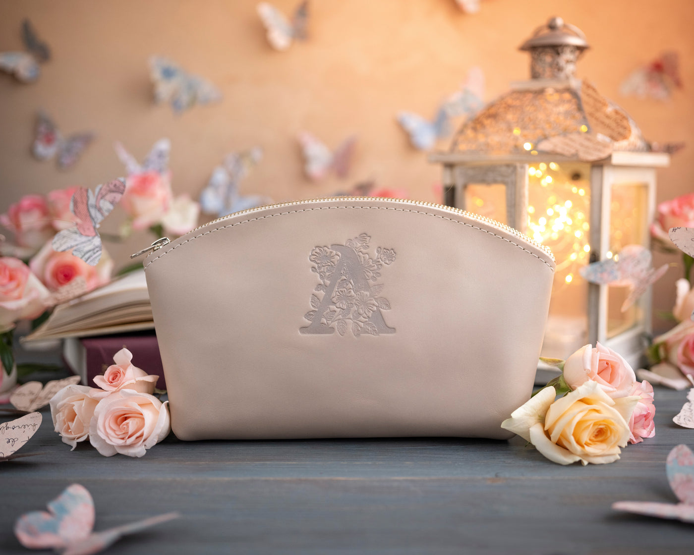 Gray Sand Initial Makeup Bag