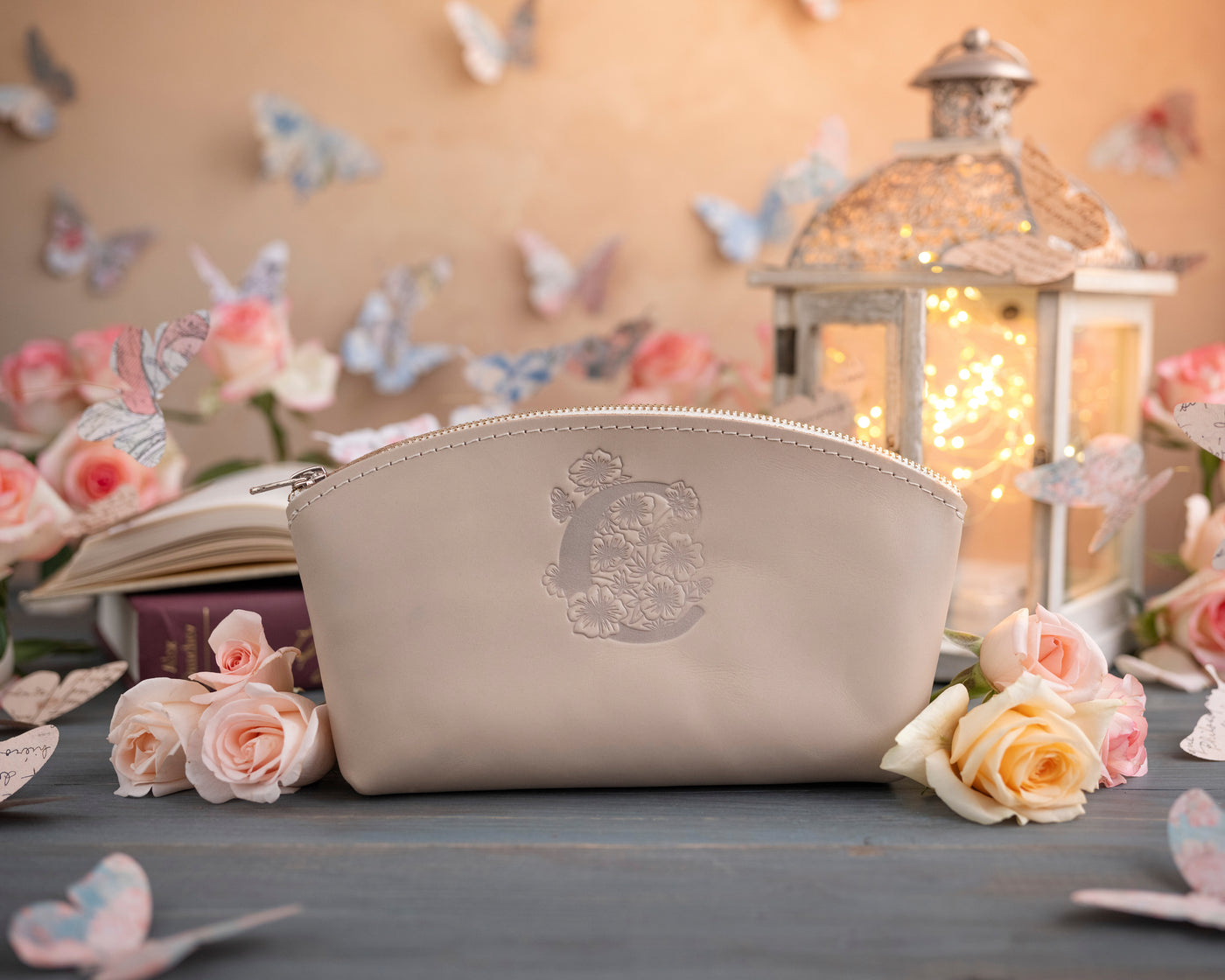 Gray Sand Initial Makeup Bag