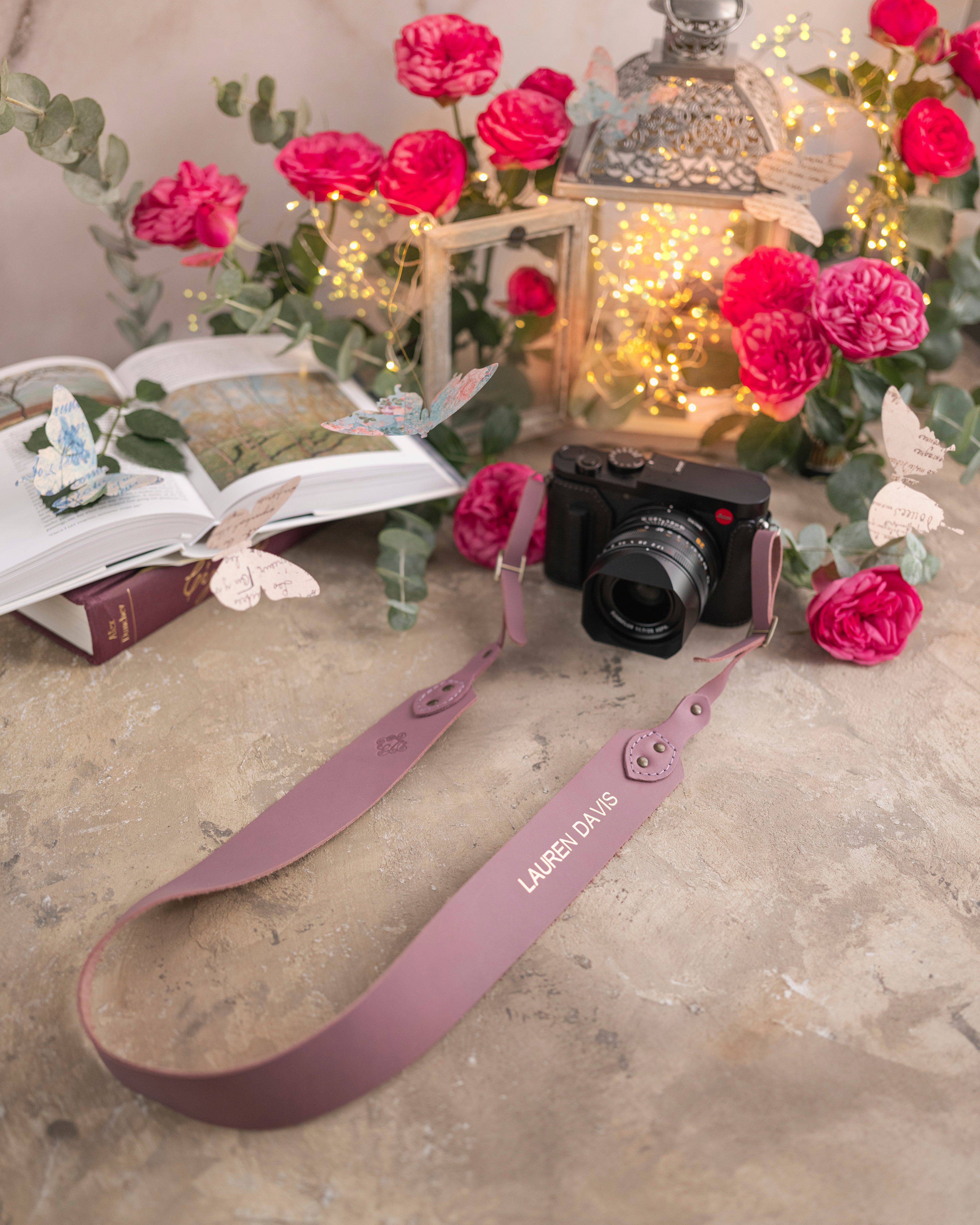 Lilac leather camera strap