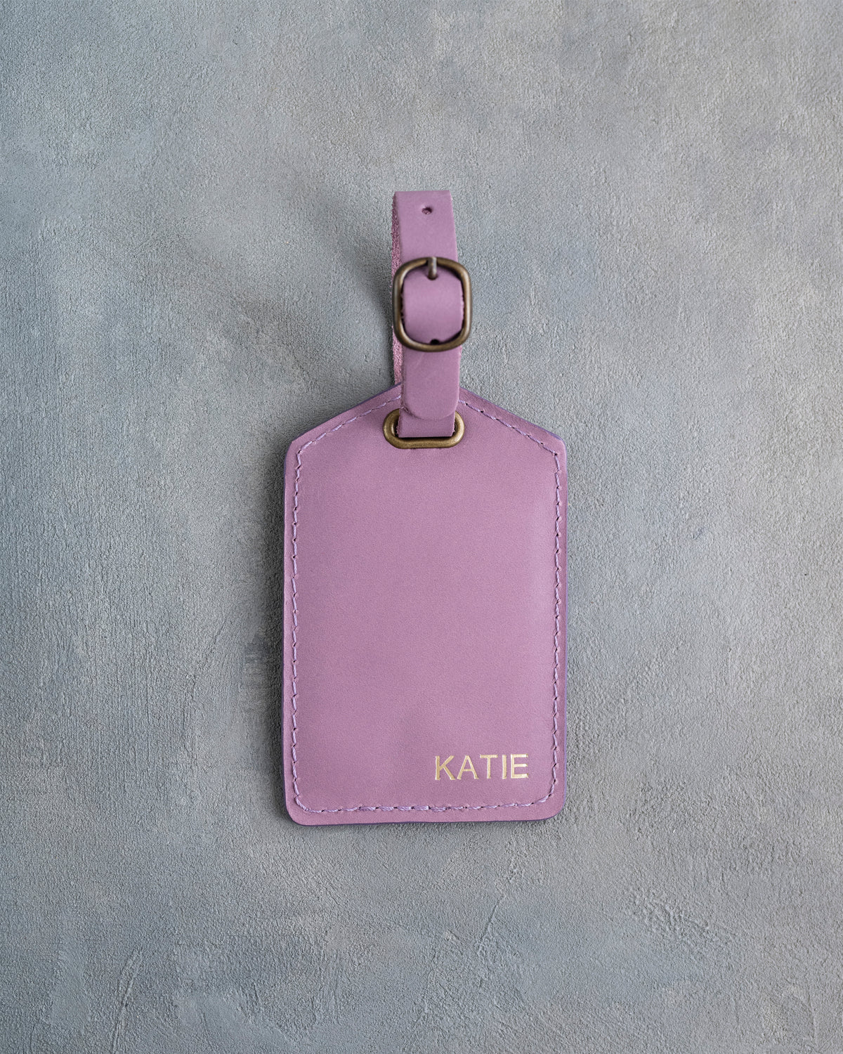 Minimalist Font Luggage Tag in Lilac Leather with hand-finished detailing
