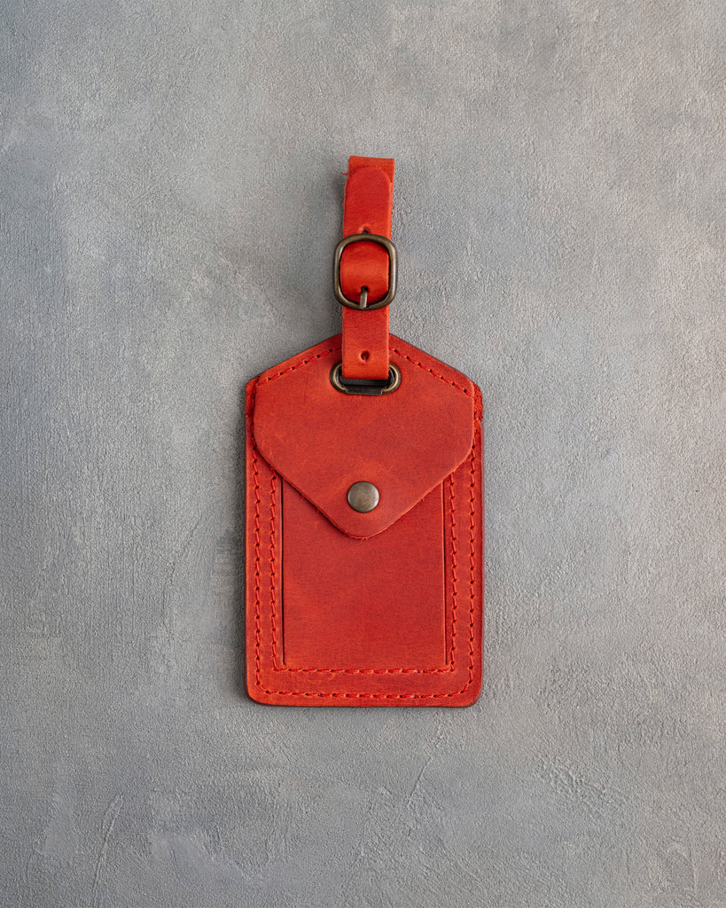 Minimalist Font Luggage Tag in Poppy Red Leather