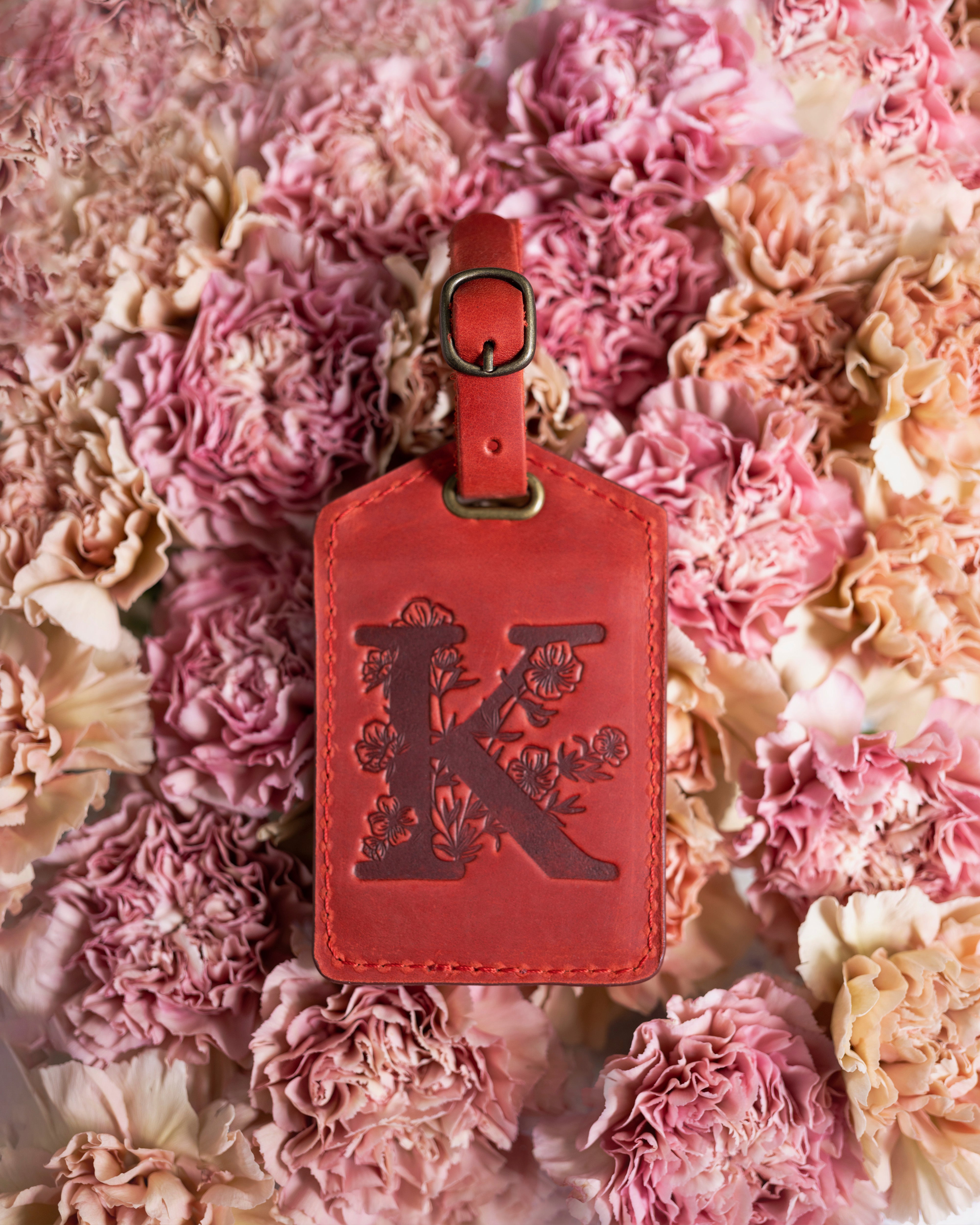 Poppy Red Floral Initial Luggage Tag