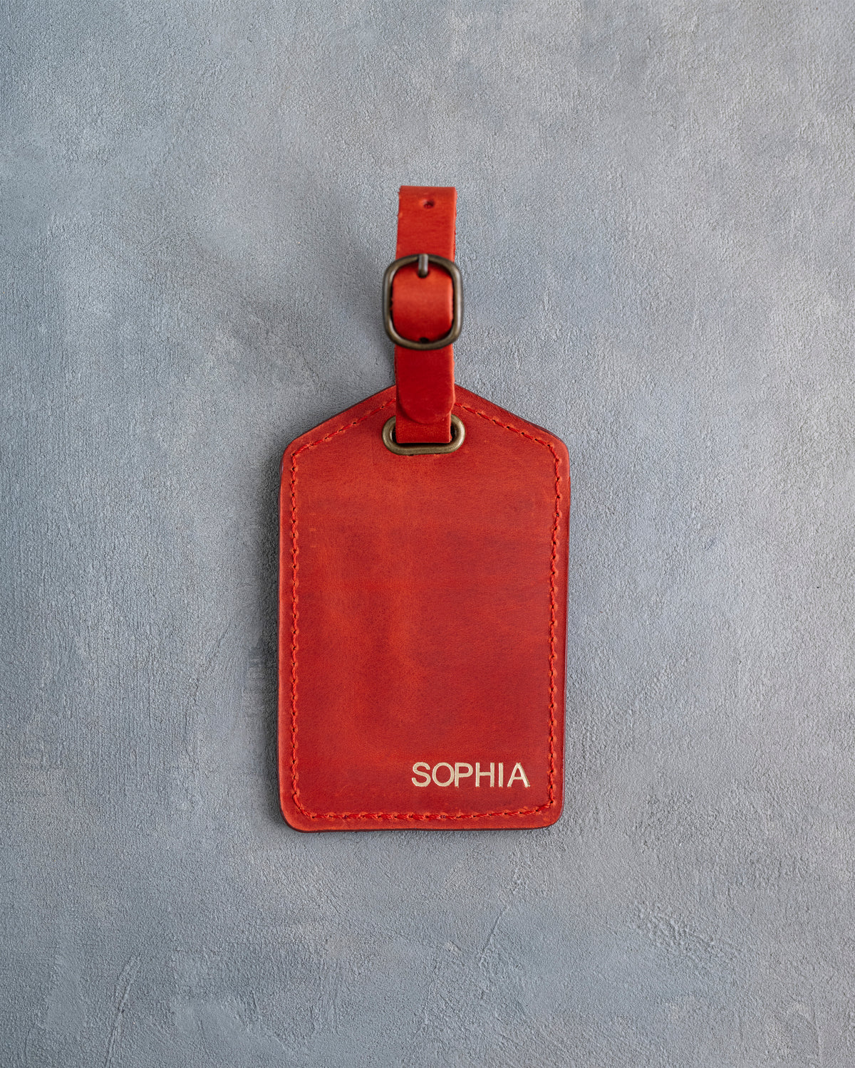 Minimalist Font Luggage Tag in Poppy Red Leather with hand-finished detailing