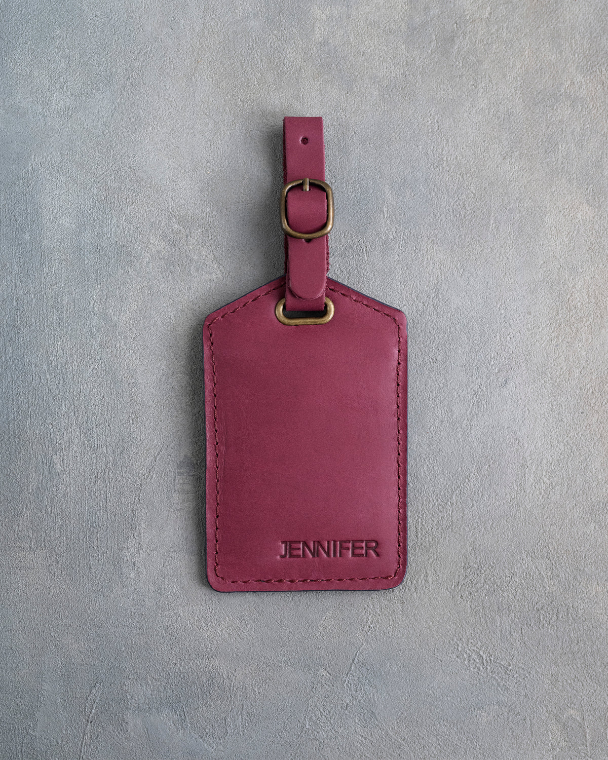 Minimalist Font Luggage Tag in Sangria Leather with hand-finished detailing