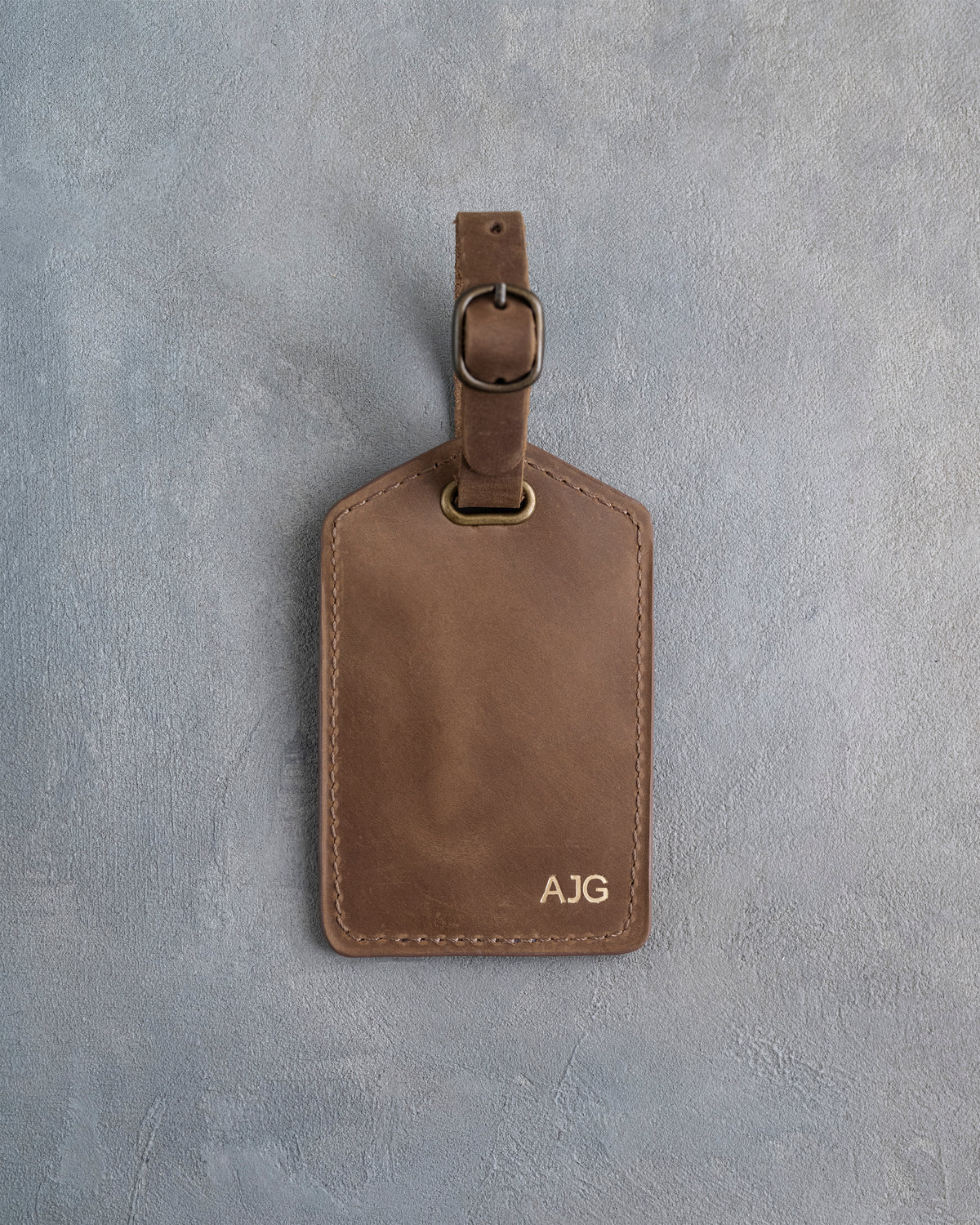 Minimalist Font Luggage Tag in Sicilian Brown Leather with hand-finished detailing