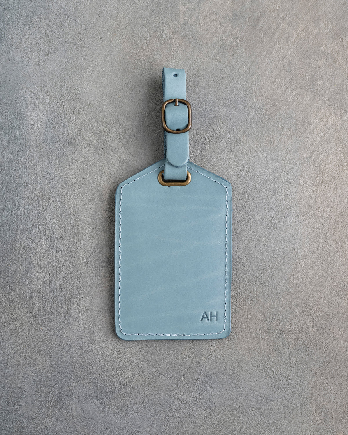 Minimalist Font Luggage Tag in Turquoise Leather with hand-finished detailing